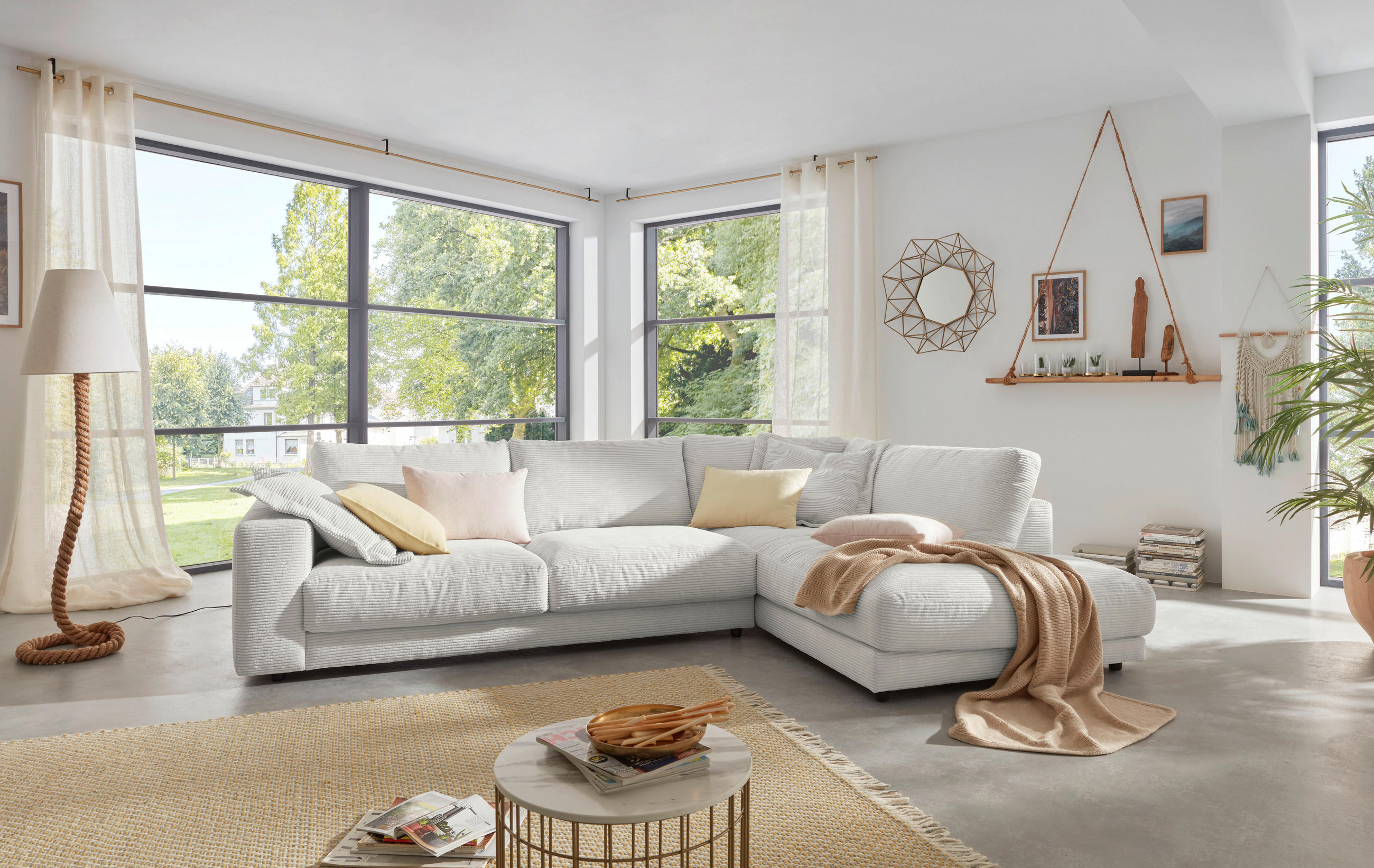 ECKSOFA in Cord Hellgrau  - Hellgrau/Schwarz, Design, Kunststoff/Textil (325/224cm) - Hom`in