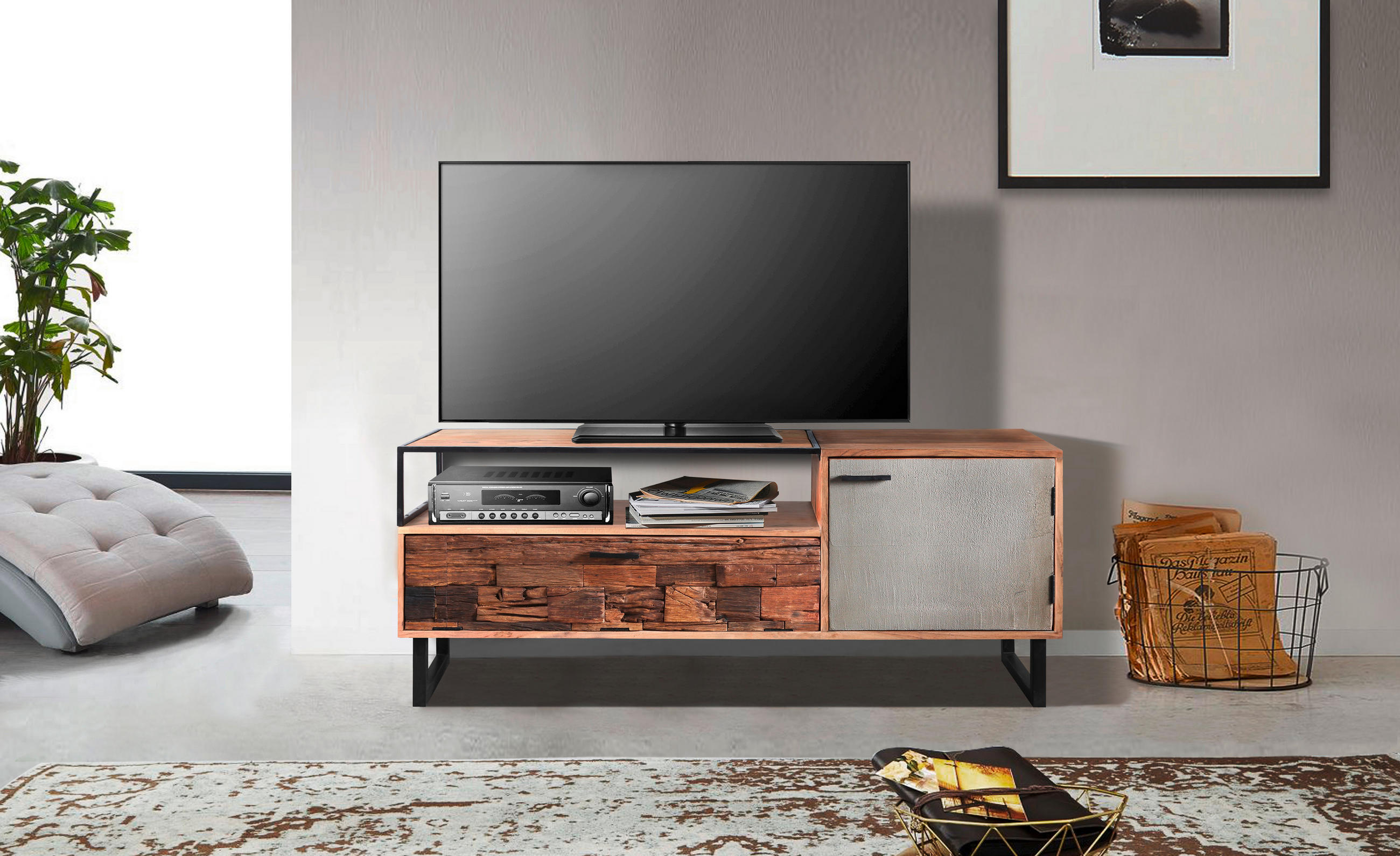 LOWBOARD  in 160/62/40 cm  - Hellbraun/Schwarz, Design, Holz/Stein (160/62/40cm) - Carryhome