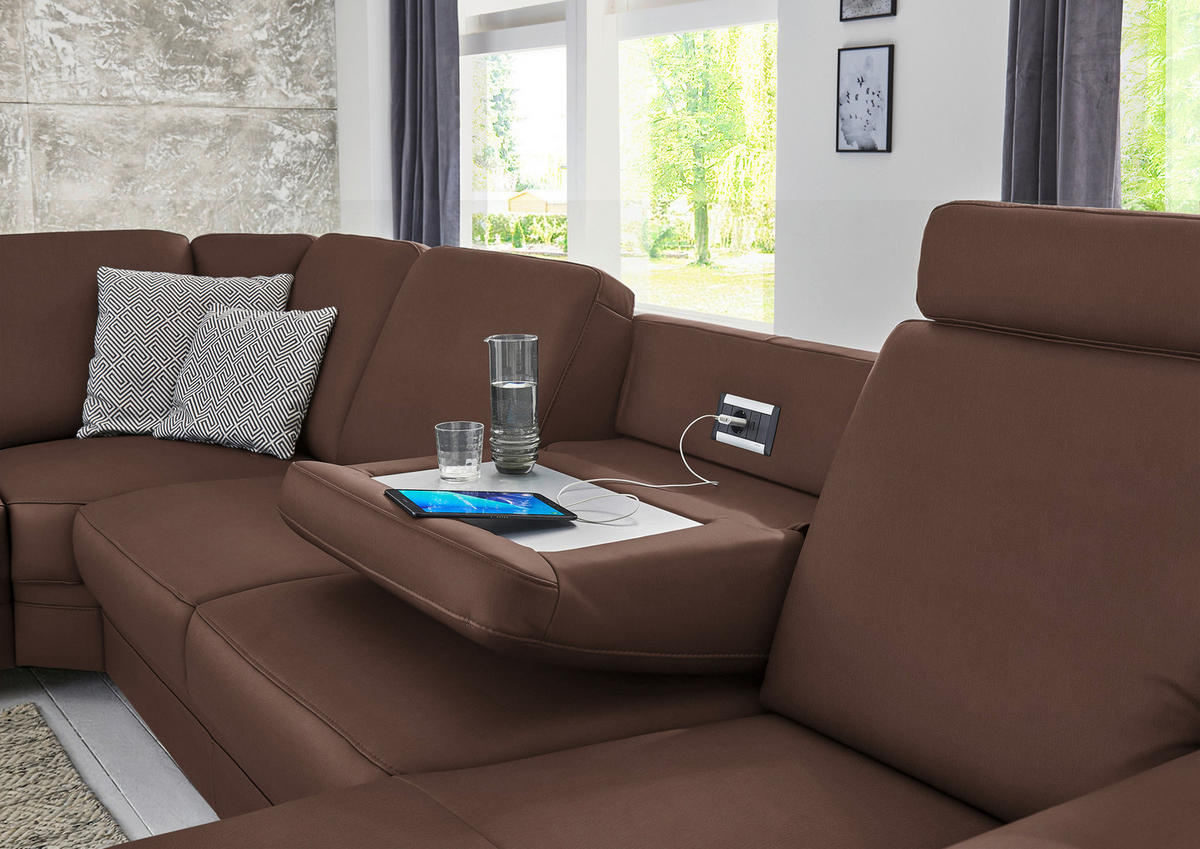 WOHNLANDSCHAFT Echtleder Mokka  - Alufarben/Mokka, Konventionell, Leder/Metall (239/329/165cm) - Beldomo Premium