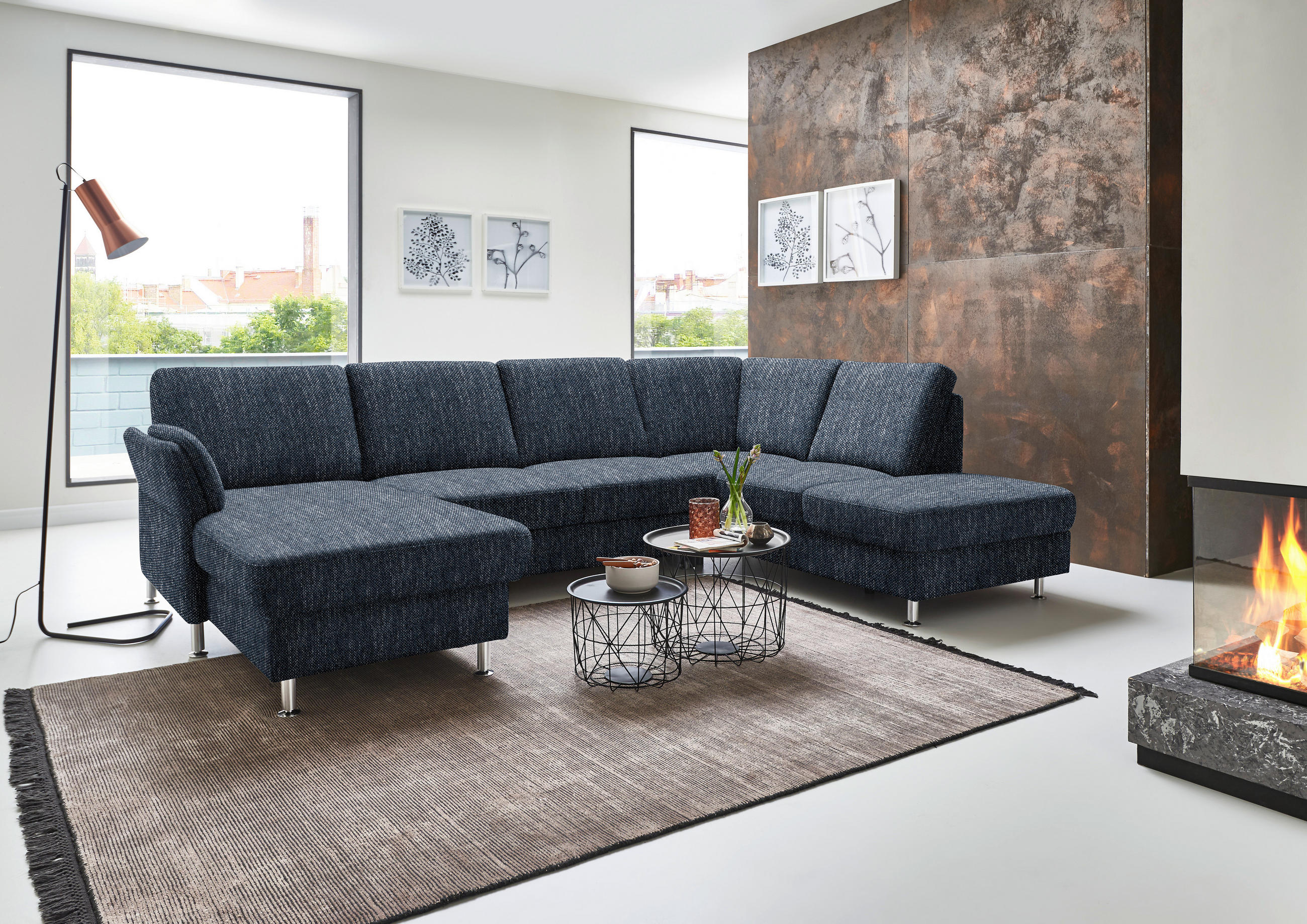 WOHNLANDSCHAFT in Flachgewebe Dunkelblau  - Chromfarben/Dunkelblau, Konventionell, Textil/Metall (168/305/200cm) - Beldomo System