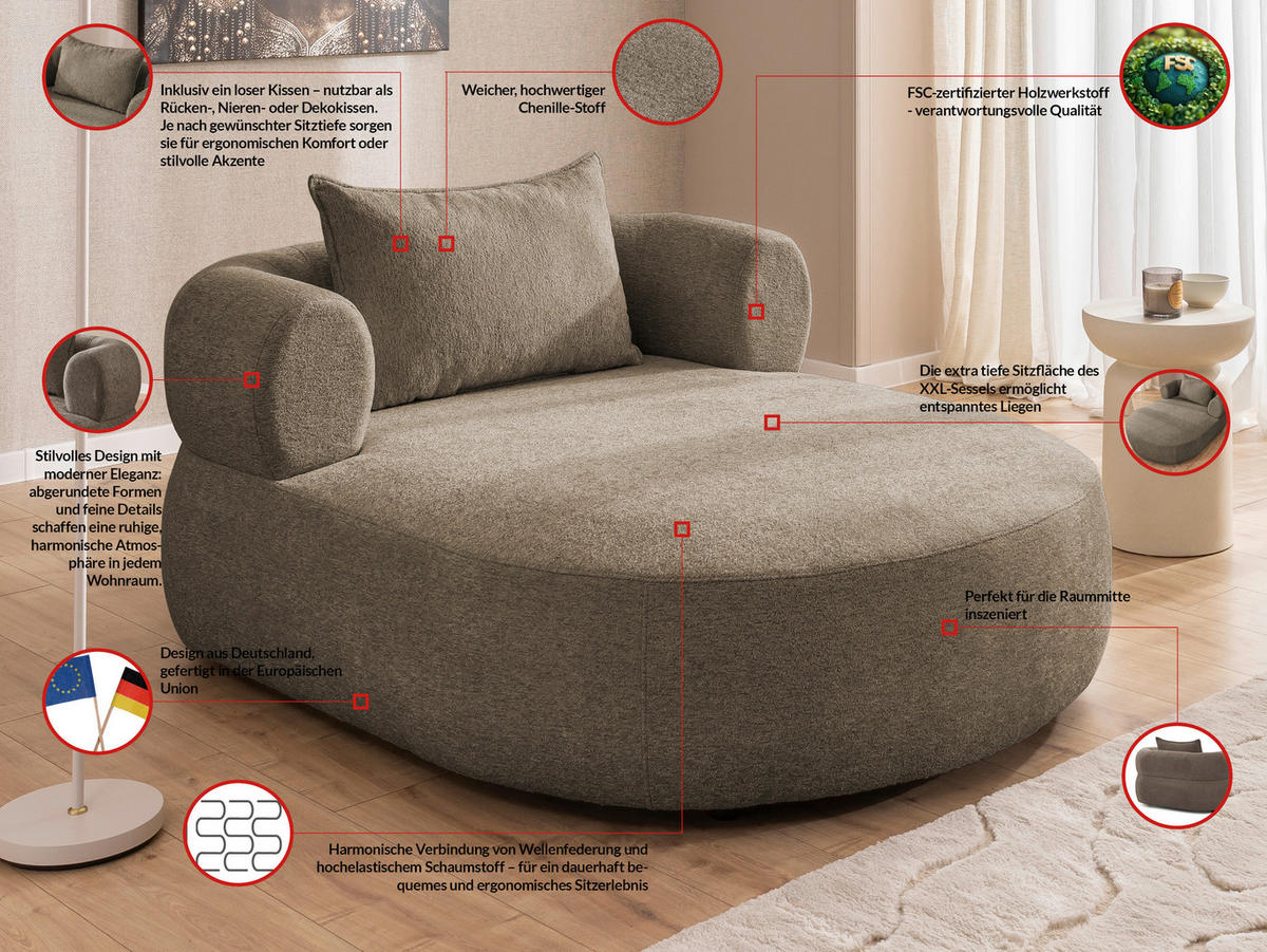 XXL-SESSEL Chenille Braun    - Schwarz/Braun, Design, Kunststoff/Textil (122/76/156cm) - Livetastic