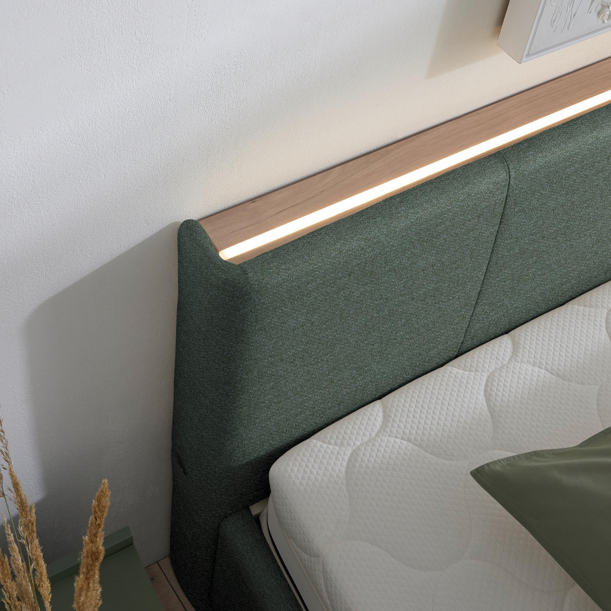 POLSTERBETT Beleuchtung, Lattenrost, Bettkasten Salbeigrün 200/200 cm  - Salbeigrün/Birkefarben, Design, Holz/Holzwerkstoff (200/200cm) - Lomoco