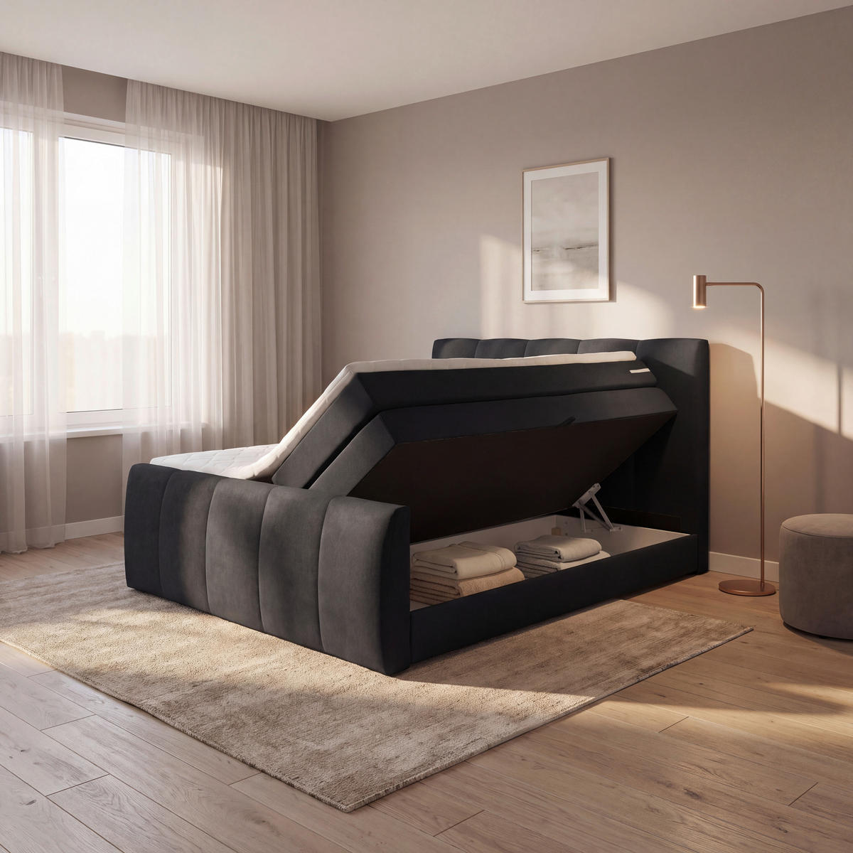 BOXSPRINGBETT 140/200 cm,  in Anthrazit, gepolstertes Kopfteil, Bettkasten, Topper, H2 + H2 = mittel  - Anthrazit/Schwarz, Basics, Kunststoff/Textil (140/200cm) - Boxxx