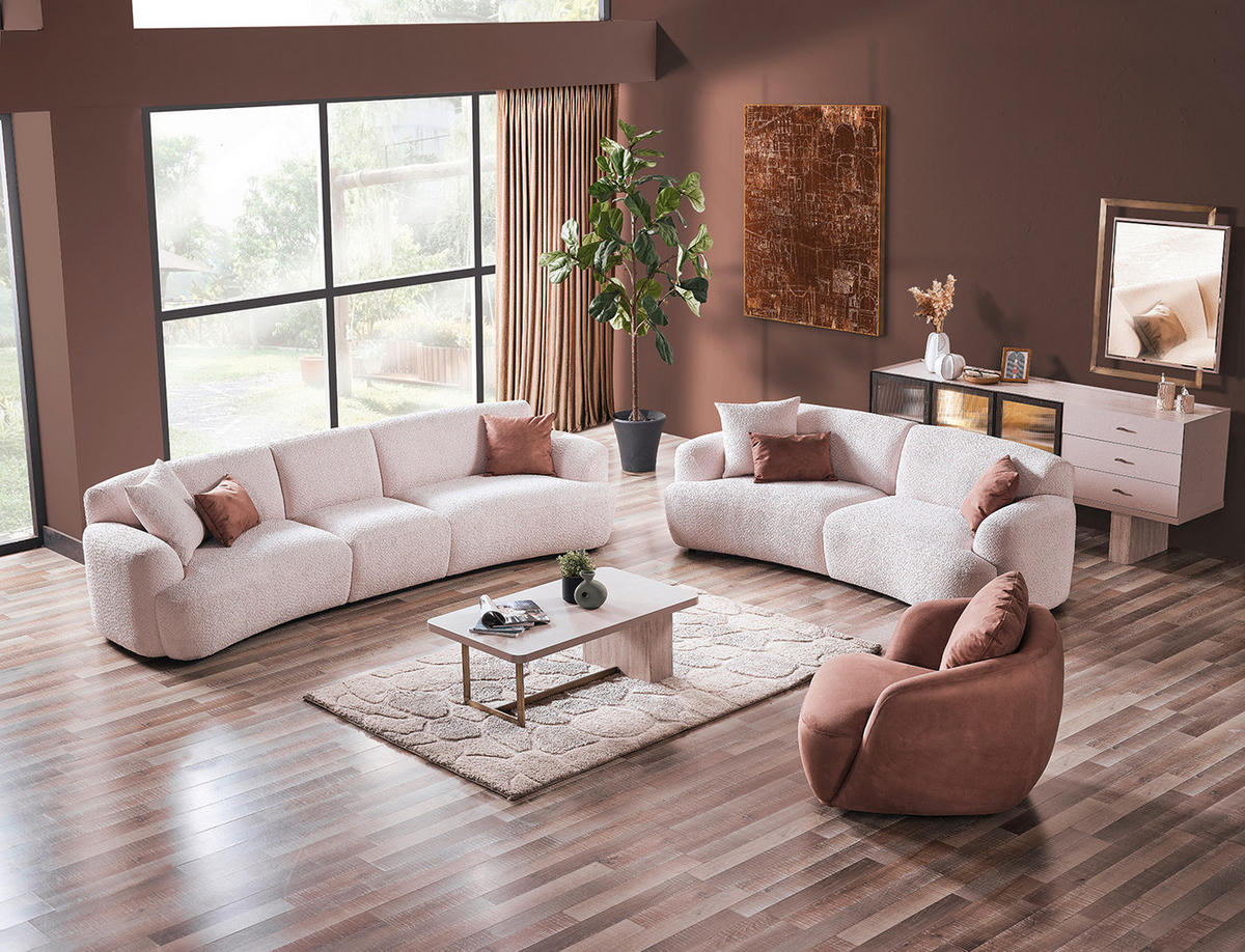 3-SITZER-SOFA in Bouclé Creme  - Creme/Schwarz, Design, Kunststoff/Textil (237/77/104cm) - Livetastic