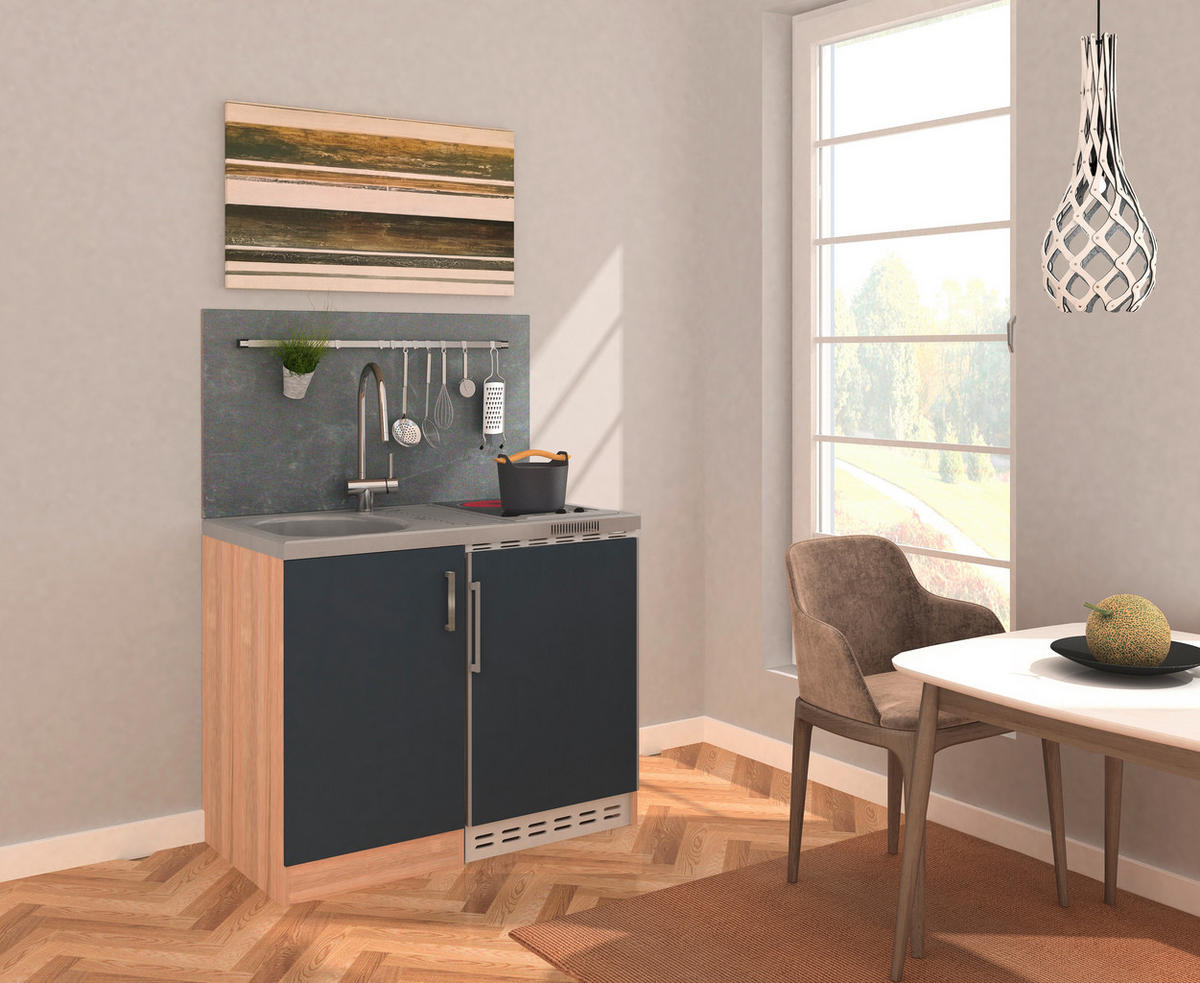 MINIKÜCHE 100 cm   in Grau, Eichefarben  - Edelstahlfarben/Eichefarben, MODERN, Holzwerkstoff/Kunststoff (100cm) - Respekta