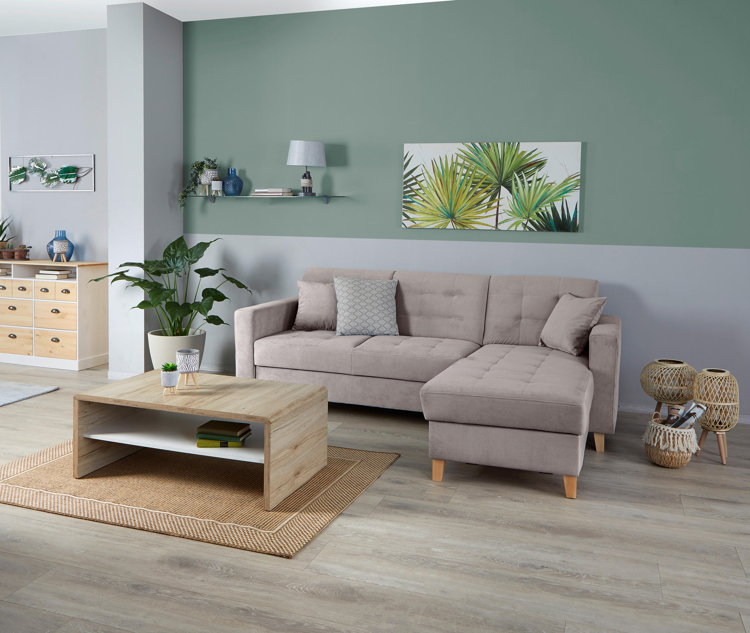 ECKSOFA Beige Samt  - Beige/Naturfarben, Design, Holz/Textil (231/160cm) - Livetastic