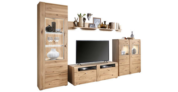 WOHNWAND  in Eichefarben, Schieferfarben  328/205/51 cm  - Schieferfarben/Eichefarben, KONVENTIONELL, Glas/Holz (328/205/51cm) - Voleo