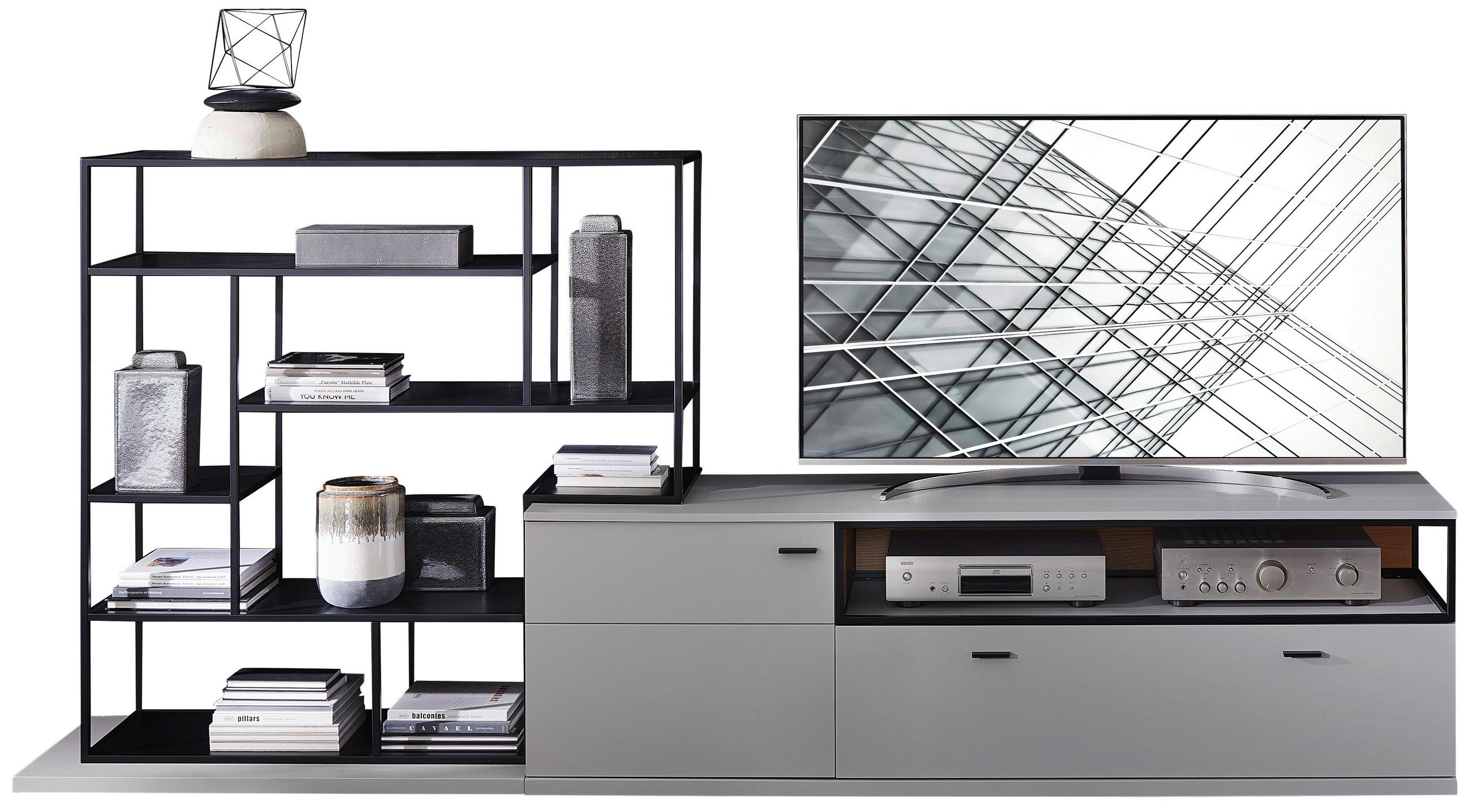 Wohnwand in Graphitfarben, Eichefarben, Hellgrau