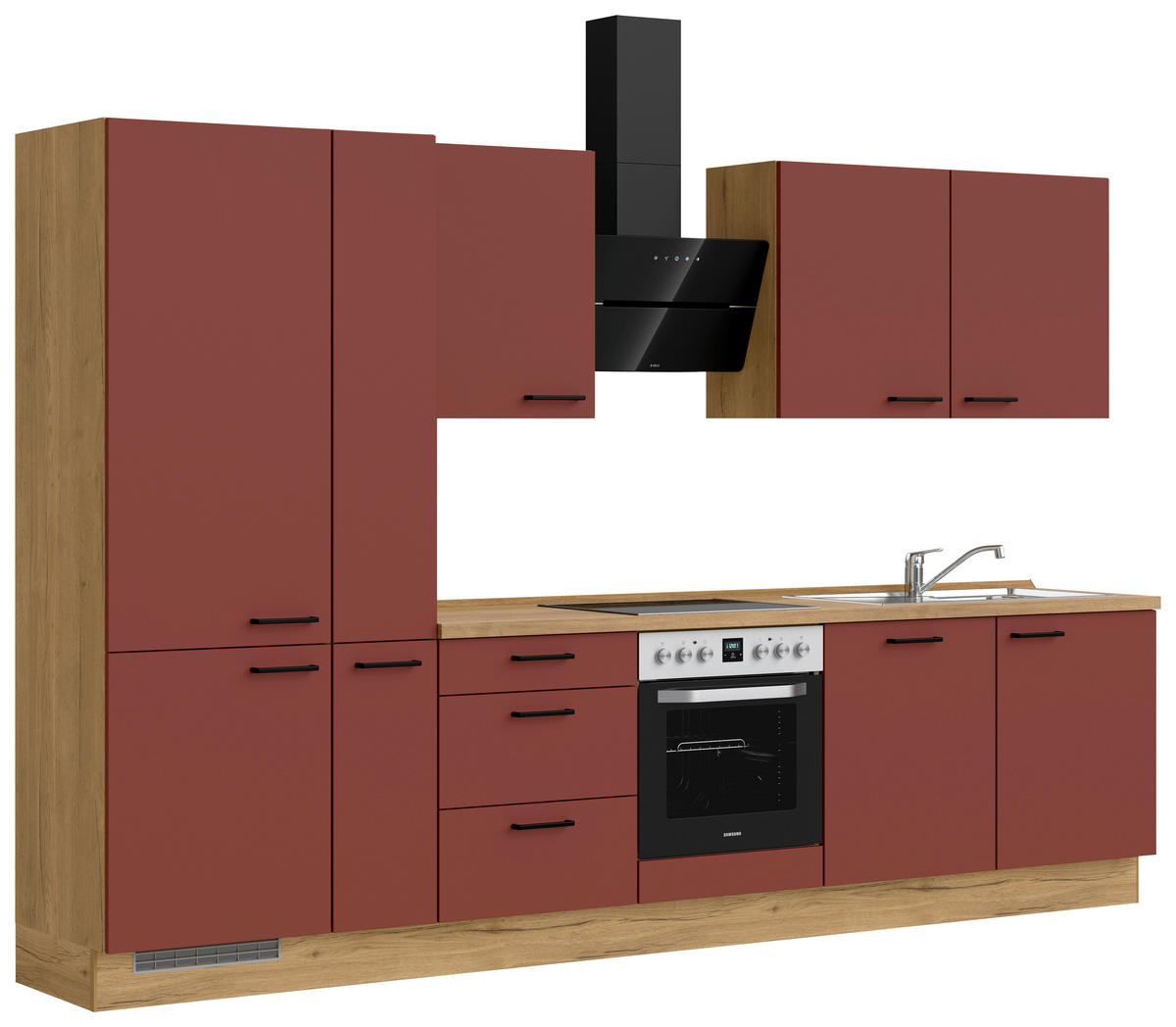 KÜCHENBLOCK 330 cm   in Eichefarben, Dunkelrot  - Eichefarben/Schwarz, MODERN, Holzwerkstoff/Metall (330cm) - Nobilia