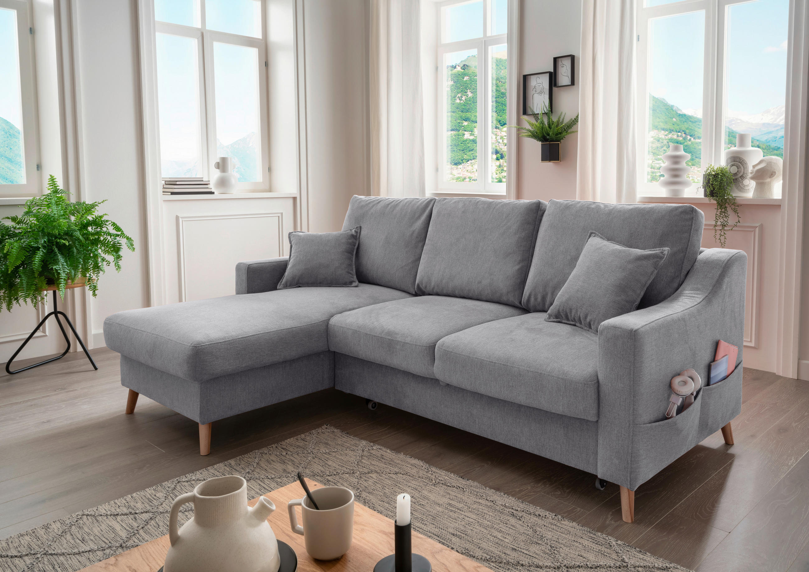 ECKSOFA Valentina in Chenille Dunkelgrau  - Dunkelgrau/Naturfarben, MODERN, Holz/Textil (150/228cm) - Livetastic
