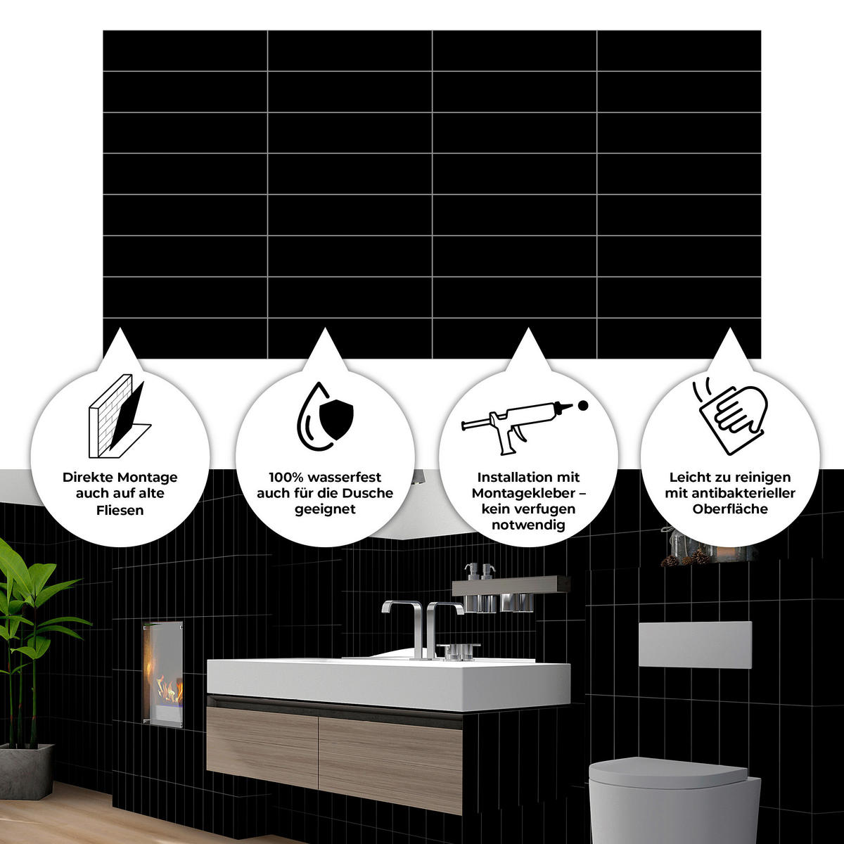 WANDPANEEL Revêt Design-Wandfliesen 3 Stück Schwarz Hochglanz  - Schwarz Hochglanz, MODERN, Kunststoff (120/60/0,37cm)