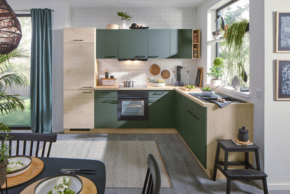 EINBAUKÜCHE   - Dunkelgrün/Eichefarben, Modern, Holzwerkstoff/Metall - Welnova