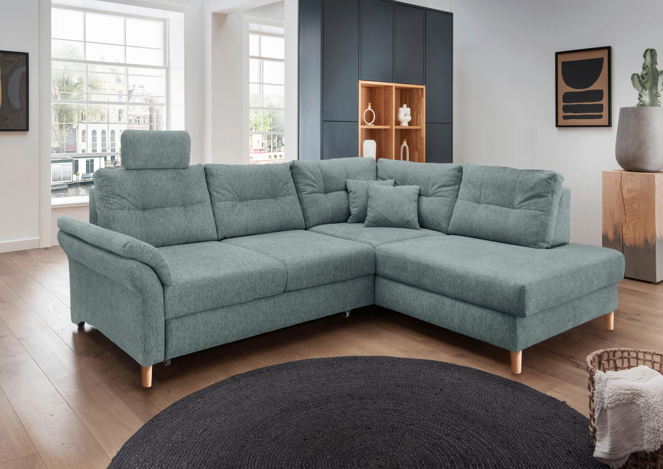 ECKSOFA in Chenille Blau  - Blau/Naturfarben, Modern, Holz/Textil (264/206cm) - Livetastic