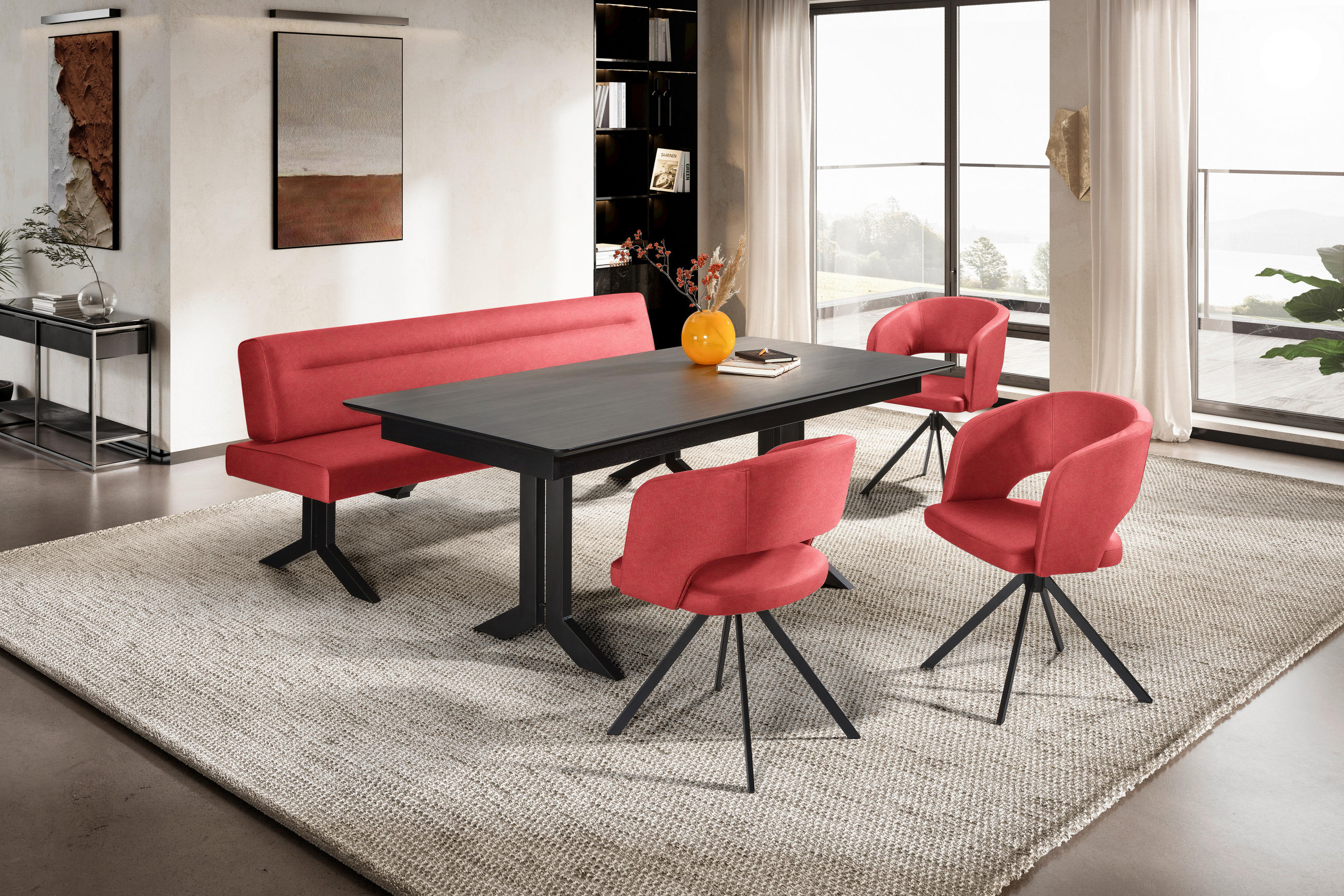 SITZBANK 220/87/70 cm Lederlook (vegan) Rot Metall  - Rot/Schwarz, KONVENTIONELL, Textil/Metall (220/87/70cm) - Moderano