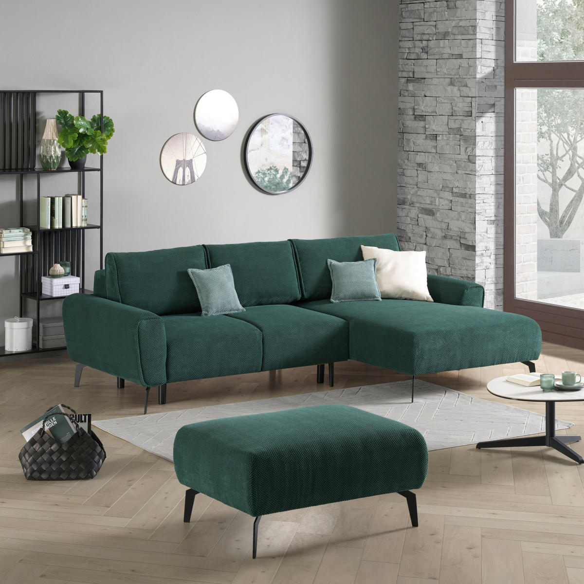ECKSOFA in Webstoff Grün  - Schwarz/Grün, Design, Textil/Metall (272/170cm) - Welnova