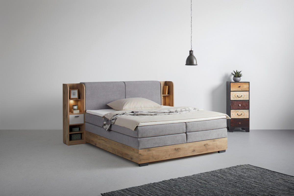 BOXSPRINGBETT 180/200 cm  in Eichefarben, Hellgrau  - Eichefarben/Hellgrau, Lifestyle, Holzwerkstoff/Kunststoff (180/200cm) - MID.YOU