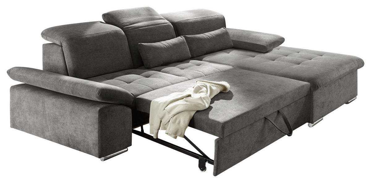 ECKSOFA in Mikrovelours Dunkelgrau  - Dunkelgrau/Silberfarben, Konventionell, Holzwerkstoff/Kunststoff (276/188cm) - MID.YOU