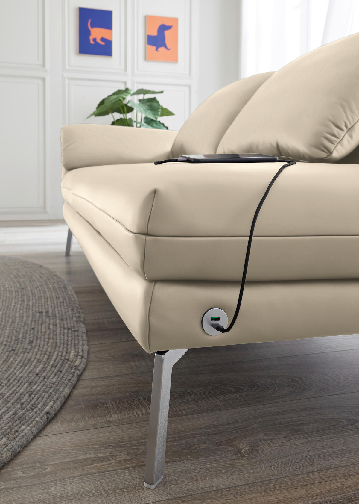 RÉCAMIERE in Echtleder Creme  - Chromfarben/Creme, Design, Leder/Metall (209/85-109/95-16cm) - Dieter Knoll