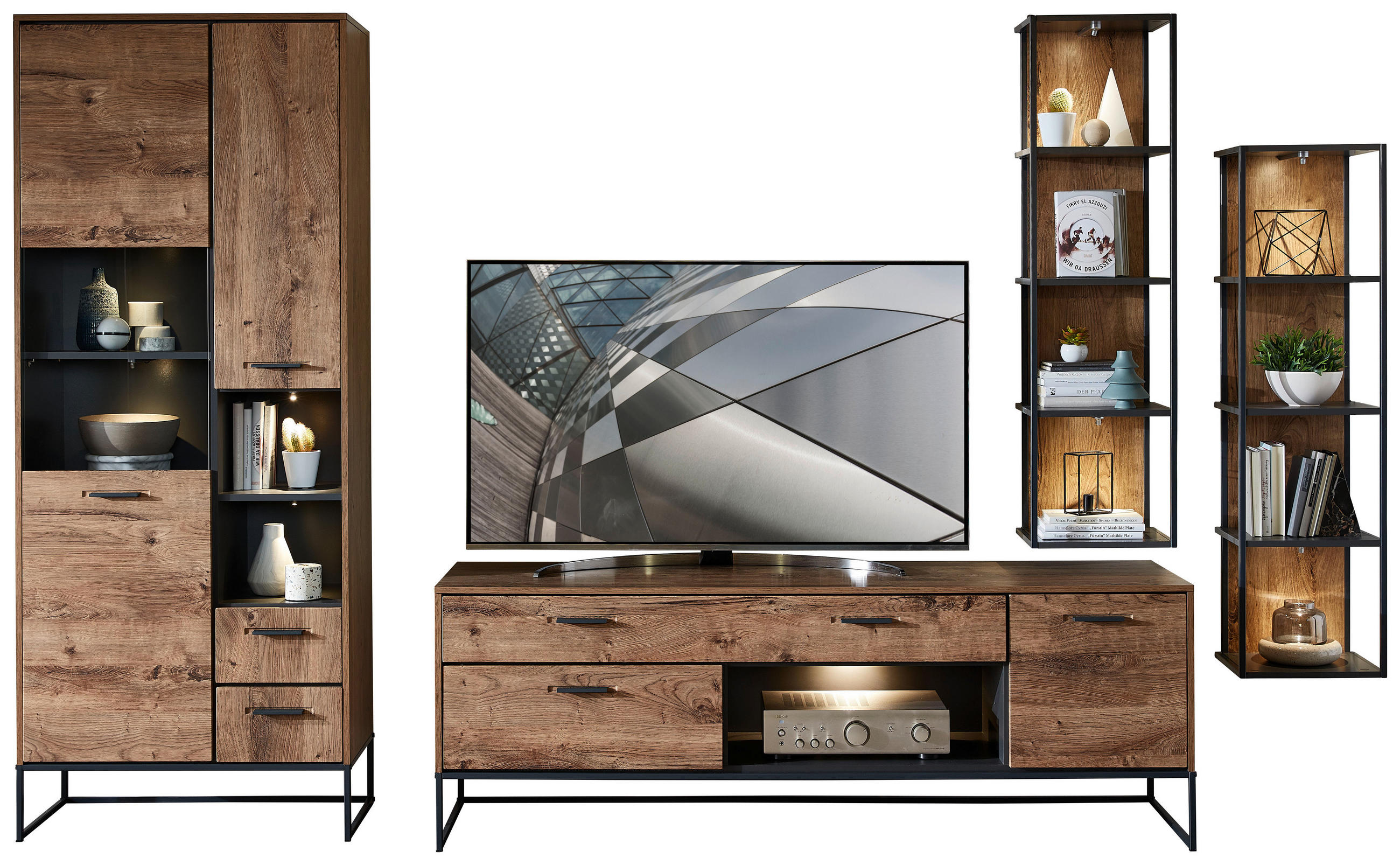 WOHNWAND Graphitfarben, Eichefarben Einlegeböden - Eichefarben/Anthrazit, MODERN, Glas/Holzwerkstoff (320/196/48cm) - Livetastic
