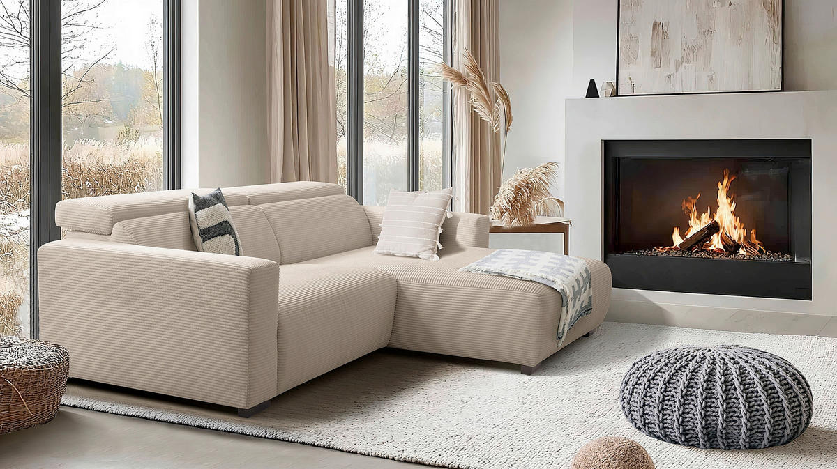 ECKSOFA RENO Hellgrau Cord Relaxfunktion, Kopfteilverstellung  - Hellgrau/Schwarz, Design, Kunststoff/Textil (248/184cm) - Livetastic