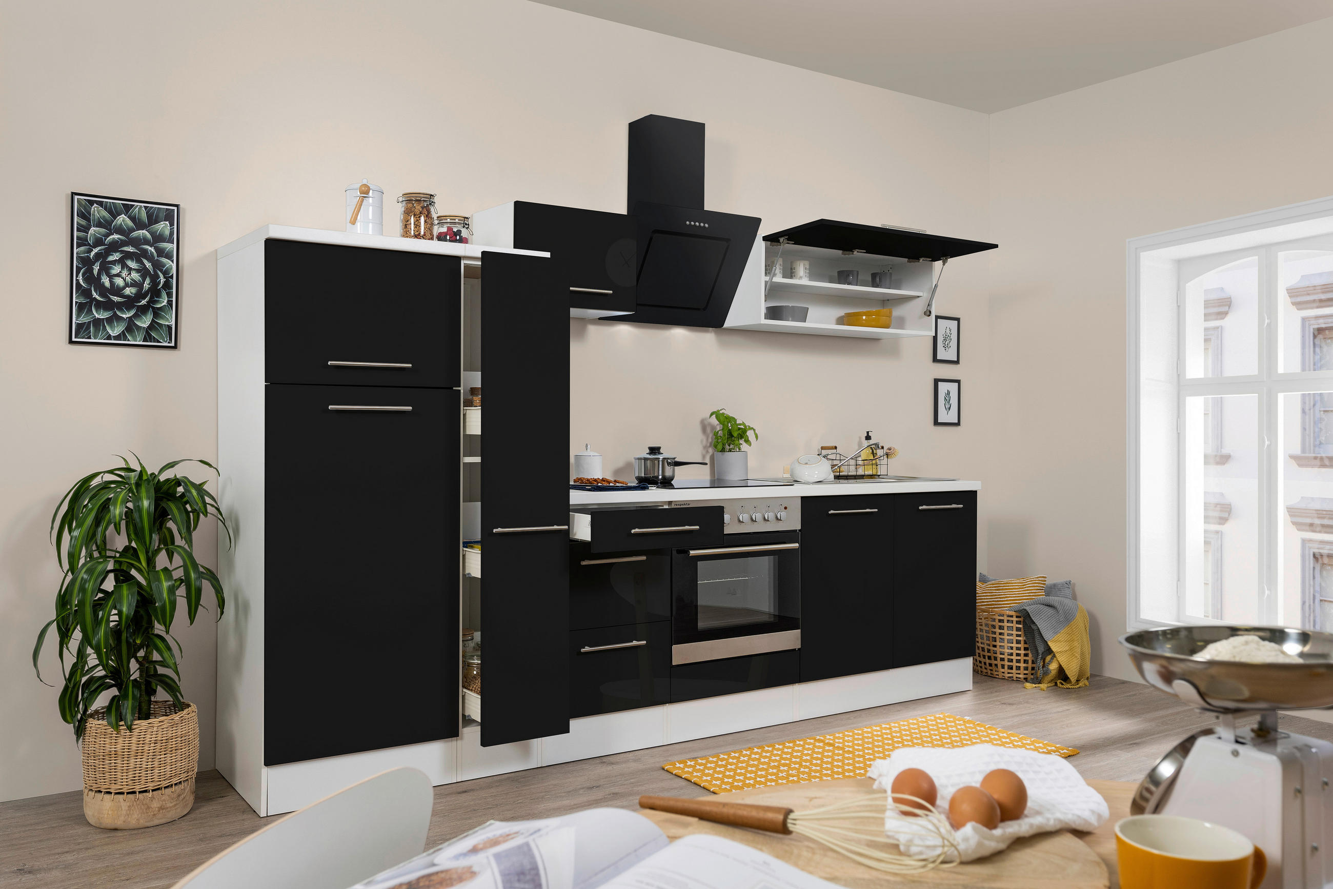 KÜCHENBLOCK 300 cm in Schwarz, Weiß - Edelstahlfarben/Schwarz, KONVENTIONELL, Metall (300cm) - Respekta