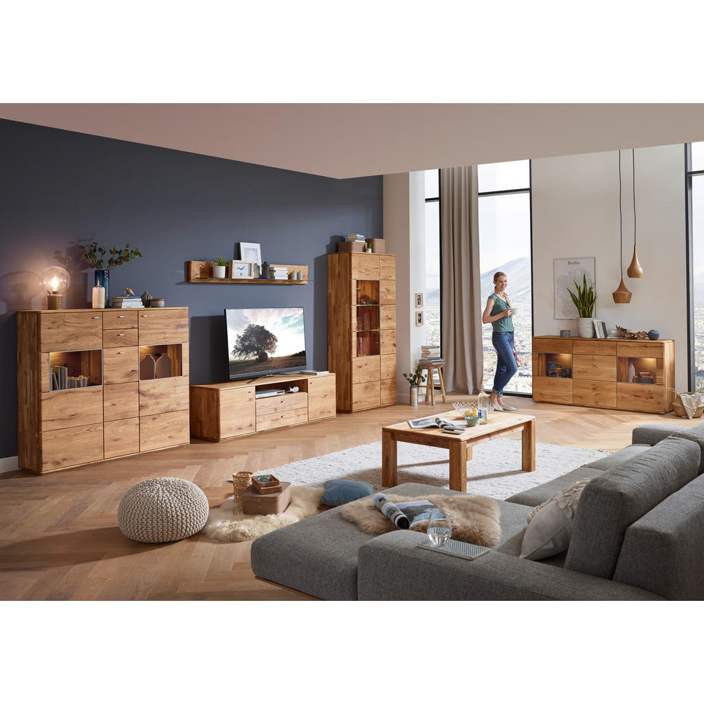 Thumbnail - Linea Natura Sideboard Denver, Eiche, Metall, Eiche, massiv, 4 Fächer, 3 Schubladen, 175x90x45 cm, Typenauswahl, Beimöbe...