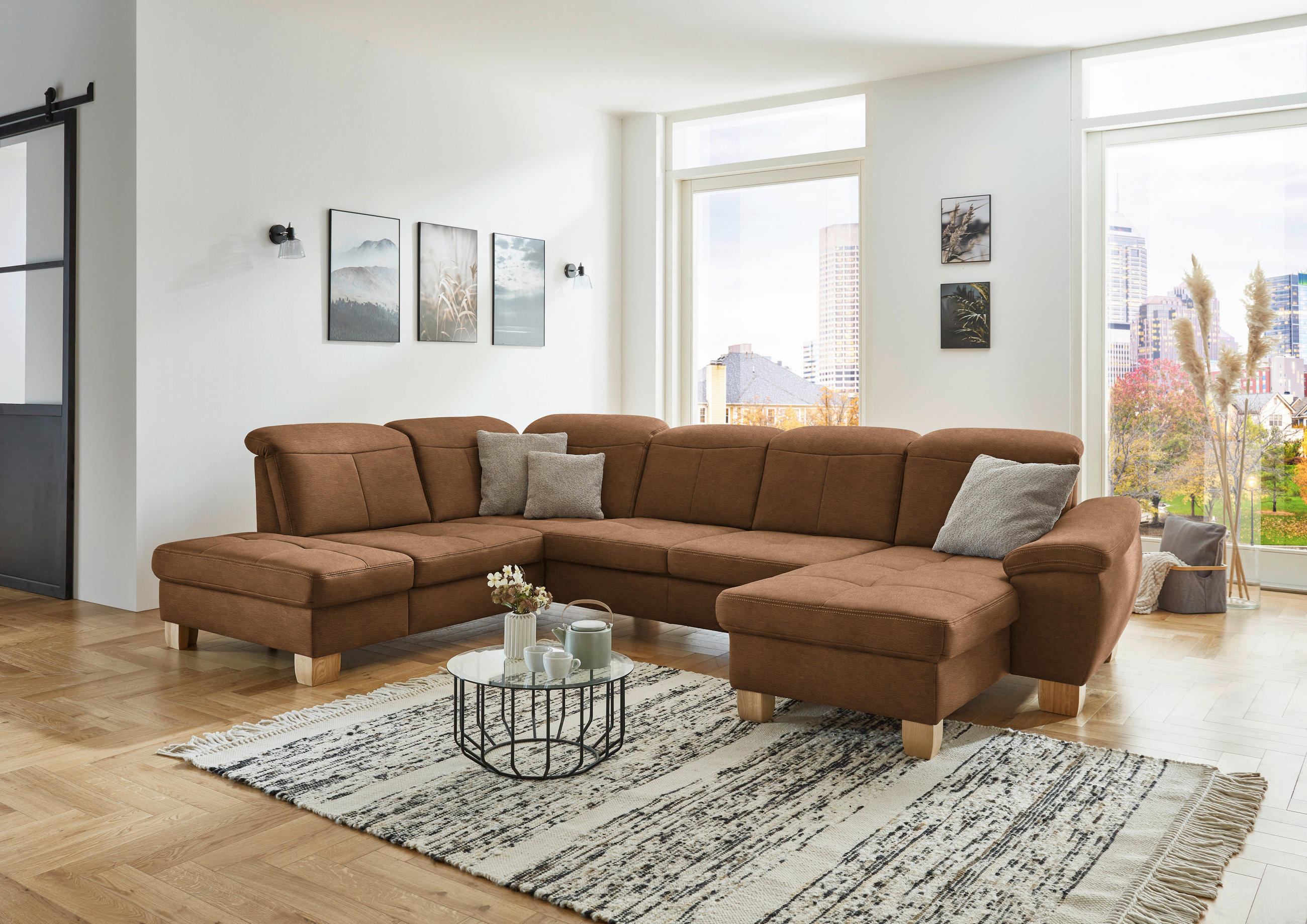 WOHNLANDSCHAFT in Mikrofaser Hellbraun  - Wildeiche/Hellbraun, Konventionell, Holz/Textil (243/343/185cm) - Voleo