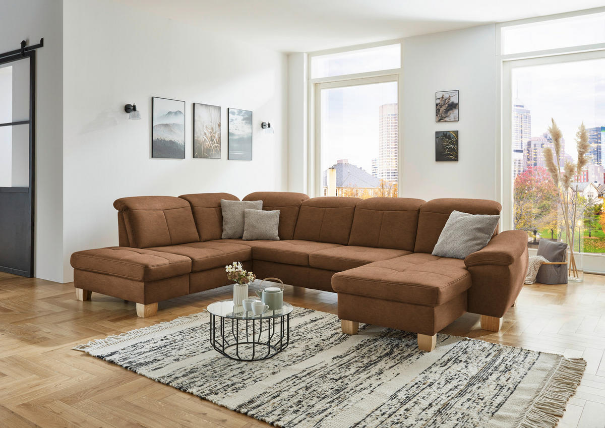 WOHNLANDSCHAFT in Mikrofaser Hellbraun  - Wildeiche/Hellbraun, Konventionell, Holz/Textil (243/343/185cm) - Voleo