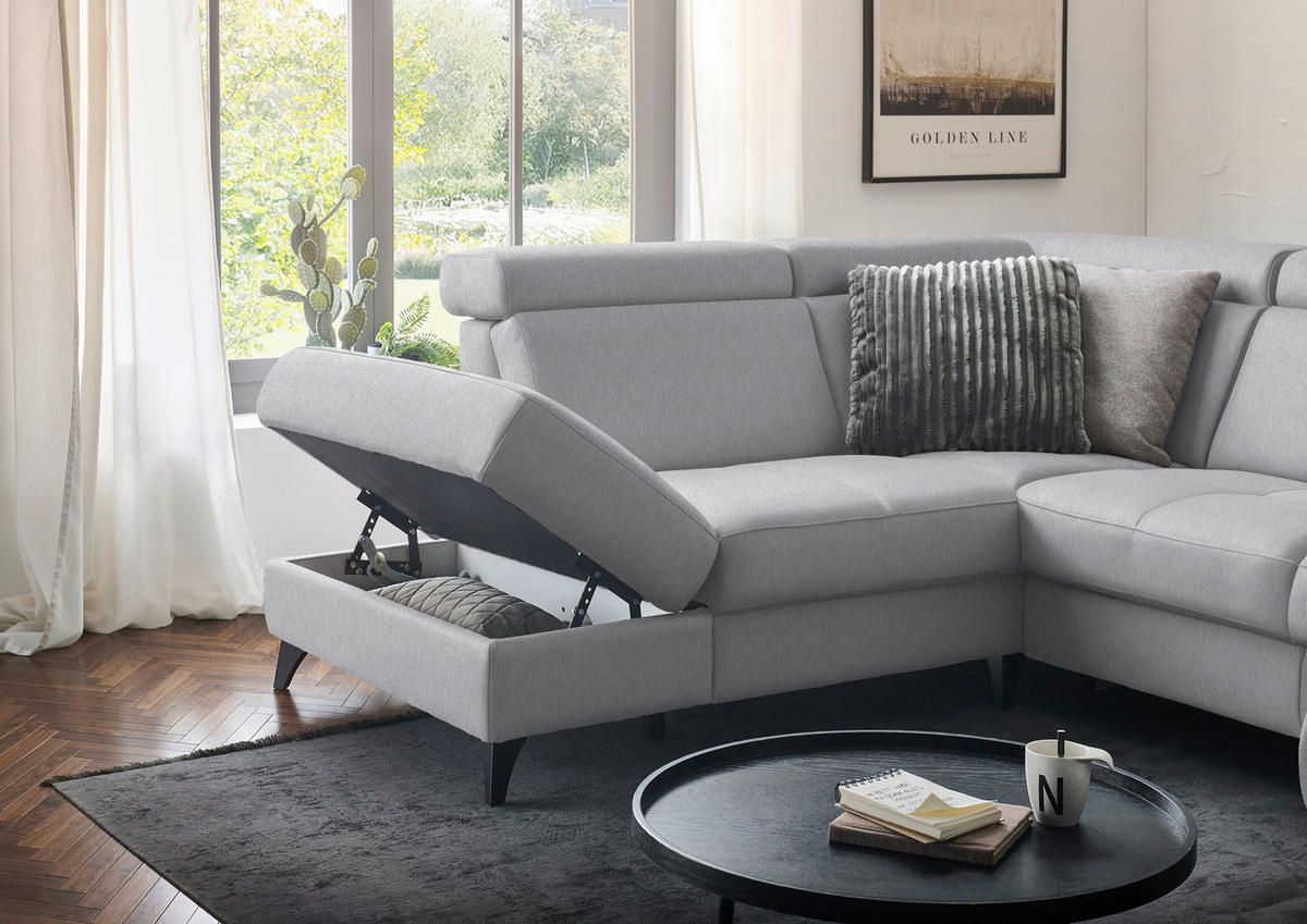 WOHNLANDSCHAFT Flachgewebe Silberfarben  - Silberfarben/Schwarz, Konventionell, Textil/Metall (215/333/174cm) - Beldomo System