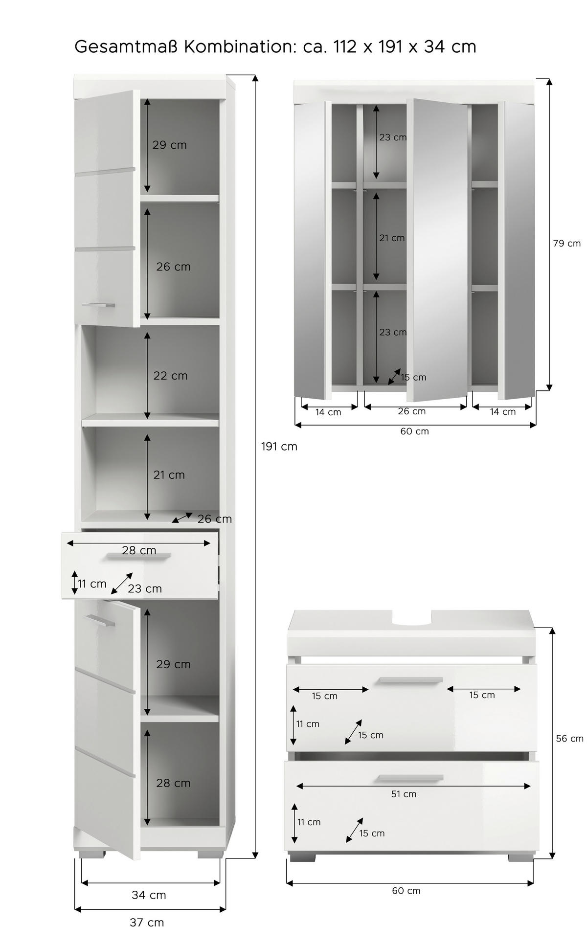 BADEZIMMER 3-teilig  in 97 cm  - Weiß Hochglanz/Silberfarben, MODERN, Glas/Holzwerkstoff (97cm) - MID.YOU