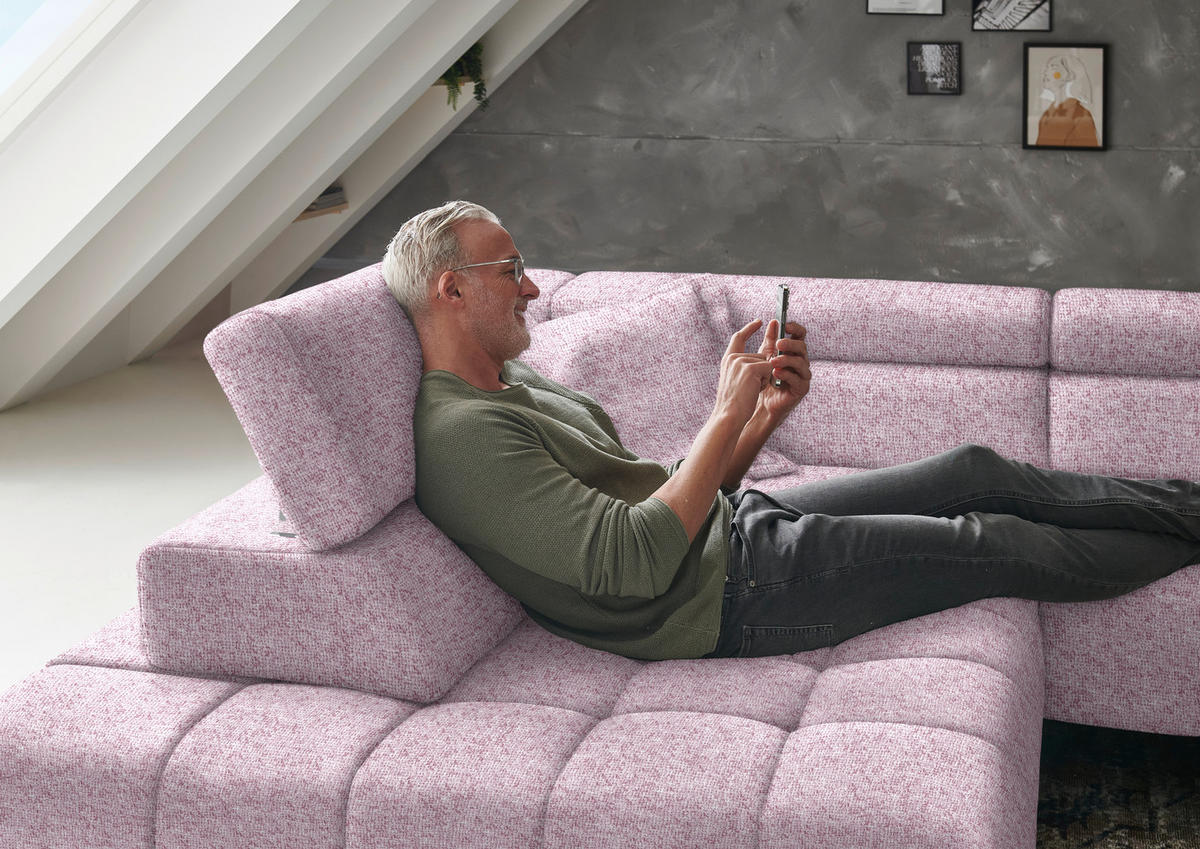 ECKSOFA in Chenille Rosa  - Schwarz/Rosa, Design, Textil/Metall (222/323cm) - Beldomo Style
