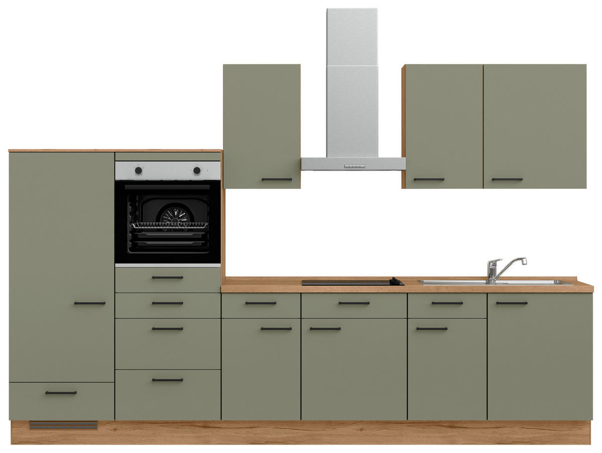 KÜCHENLEERBLOCK Senso 330 cm  in Eichefarben, Olivgrün  - Eichefarben/Schwarz, MODERN, Holzwerkstoff/Metall (330cm) - Nobilia