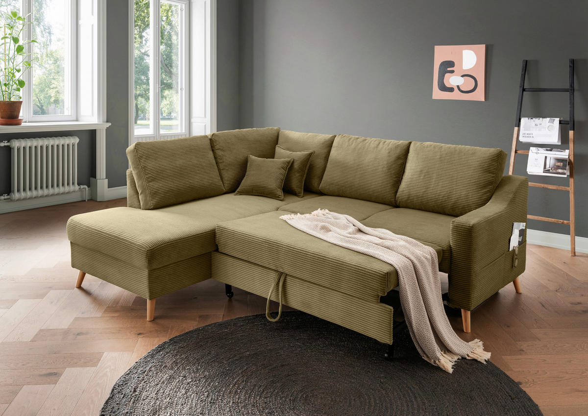 ECKSOFA in Cord Olivgrün  - Naturfarben/Olivgrün, Modern, Holz/Textil (200/230cm) - Livetastic