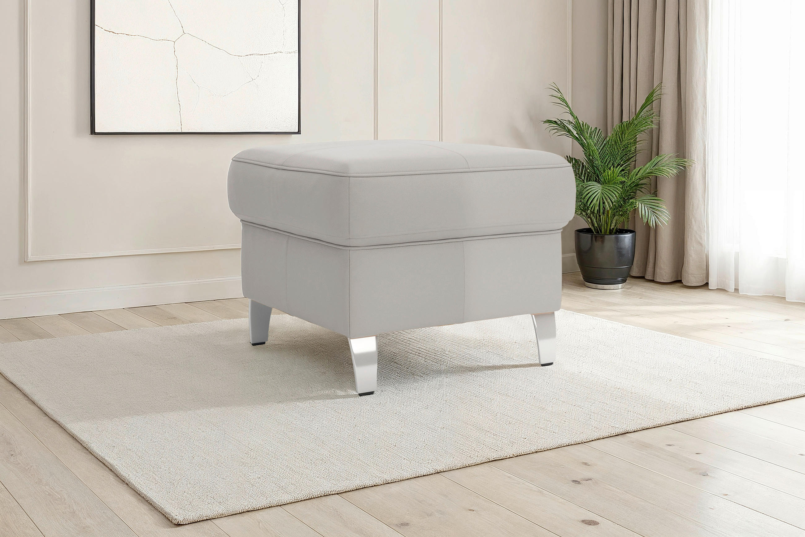 HOCKER Leder Hellgrau  - Chromfarben/Hellgrau, Basics, Leder/Metall (58/48/58cm) - Sit & More