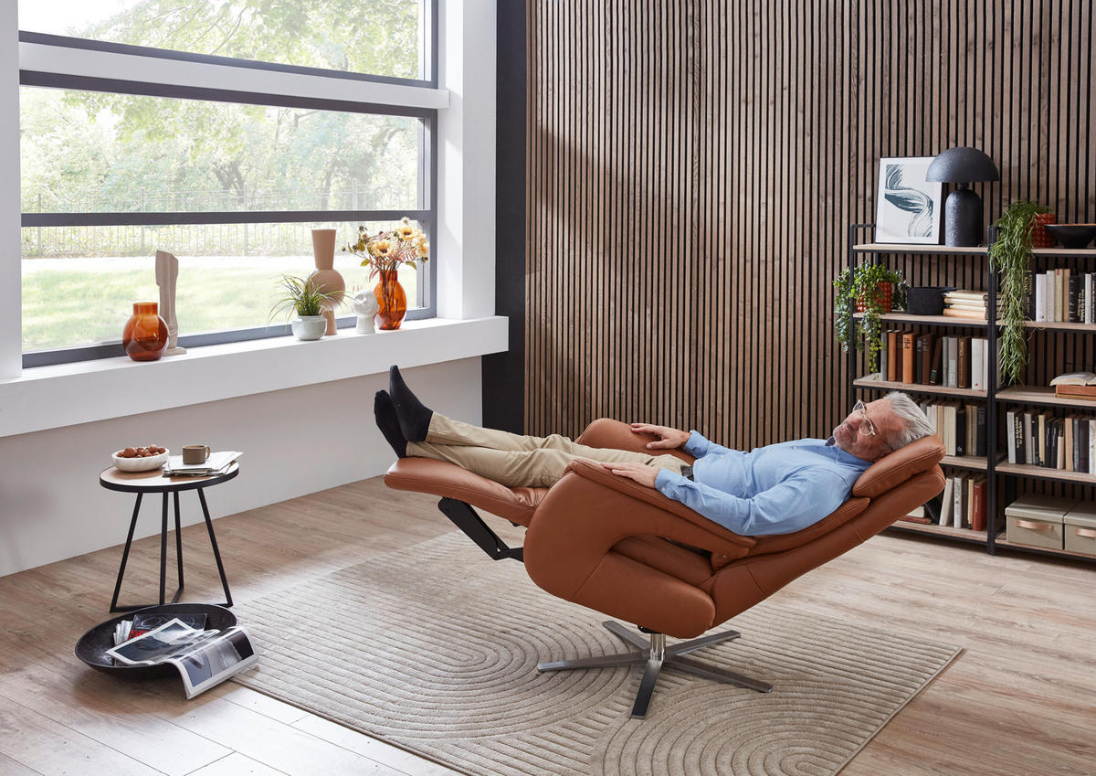 RELAXSESSEL in Leder Braun  - Edelstahlfarben/Braun, Design, Leder/Metall (70/124/85cm) - Cantus