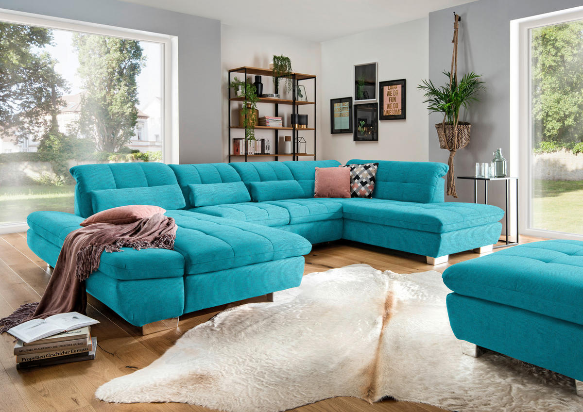 WOHNLANDSCHAFT in Mikrofaser Türkis  - Türkis/Chromfarben, Design, Kunststoff/Textil (204/350/211cm) - Xora