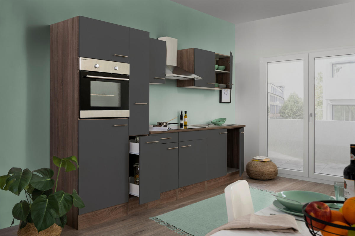KÜCHENBLOCK 300 cm   in Grau, Eichefarben  - Weiss/Edelstahlfarben, Design, Holzwerkstoff/Metall (300cm) - Respekta
