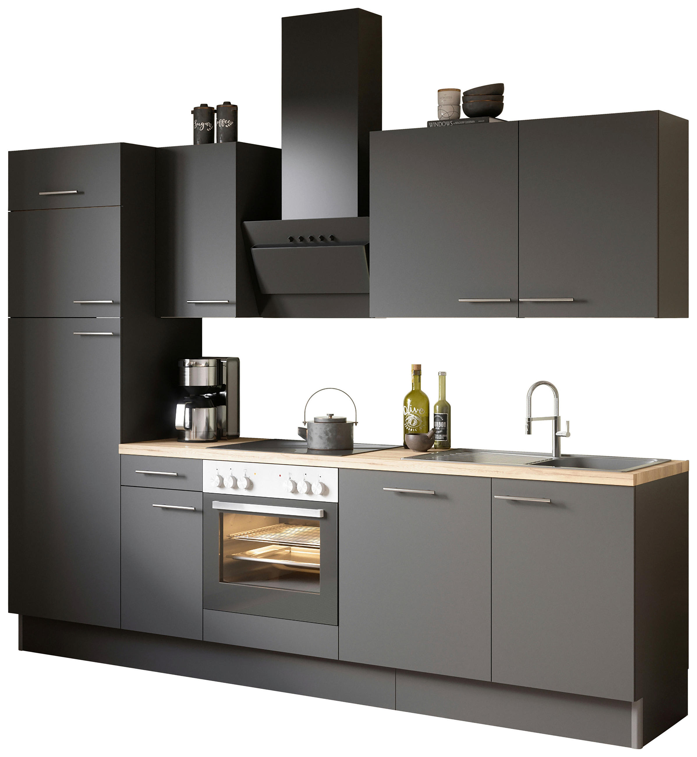 KÜCHENBLOCK 270 cm   in Anthrazit  - Edelstahlfarben/Eichefarben, Basics, Holzwerkstoff/Metall (270cm) - Optifit