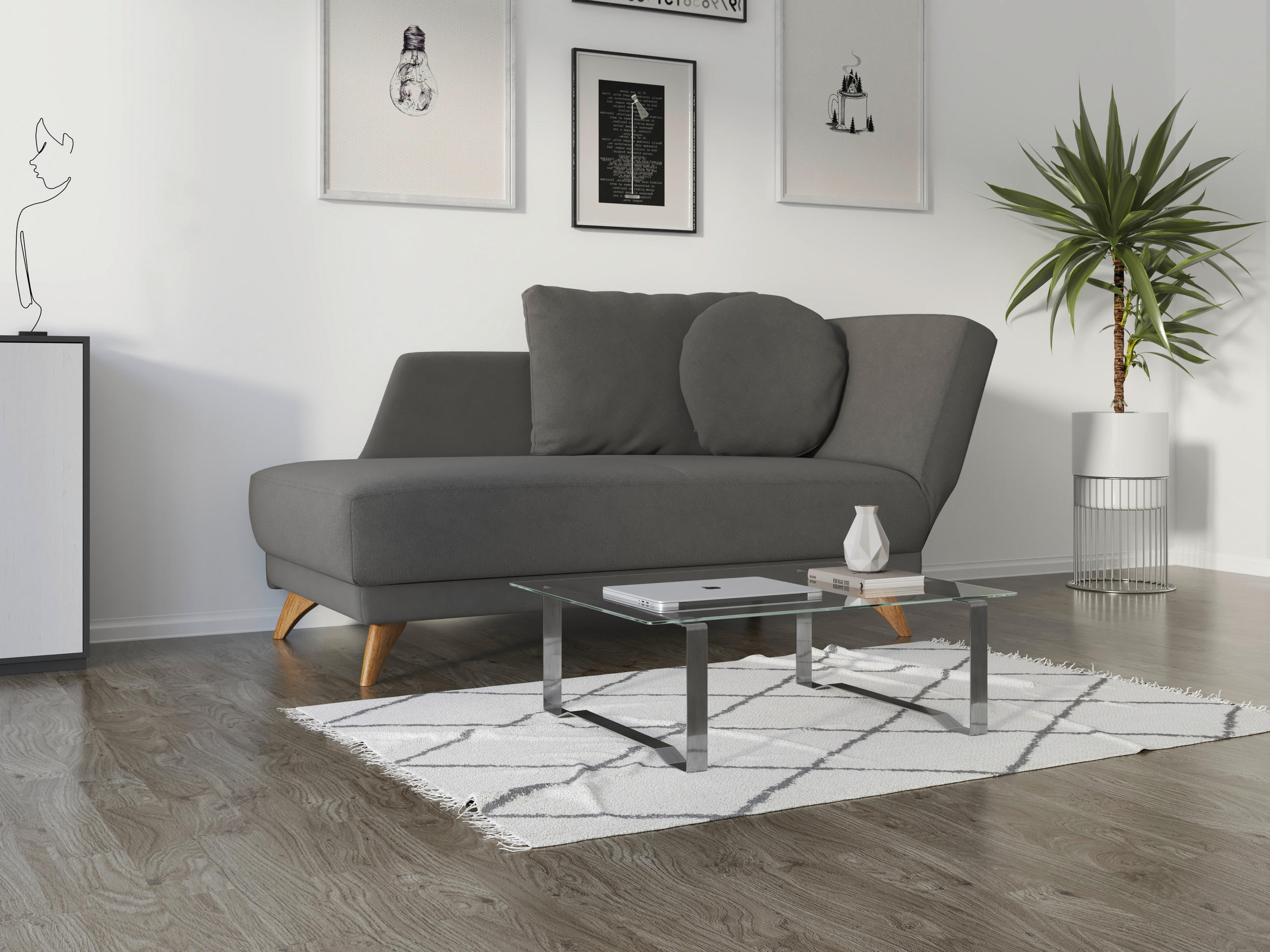 RÉCAMIERE in Flachgewebe Anthrazit  - Eichefarben/Anthrazit, Modern, Holz/Textil (205/74-87/94cm) - Bali