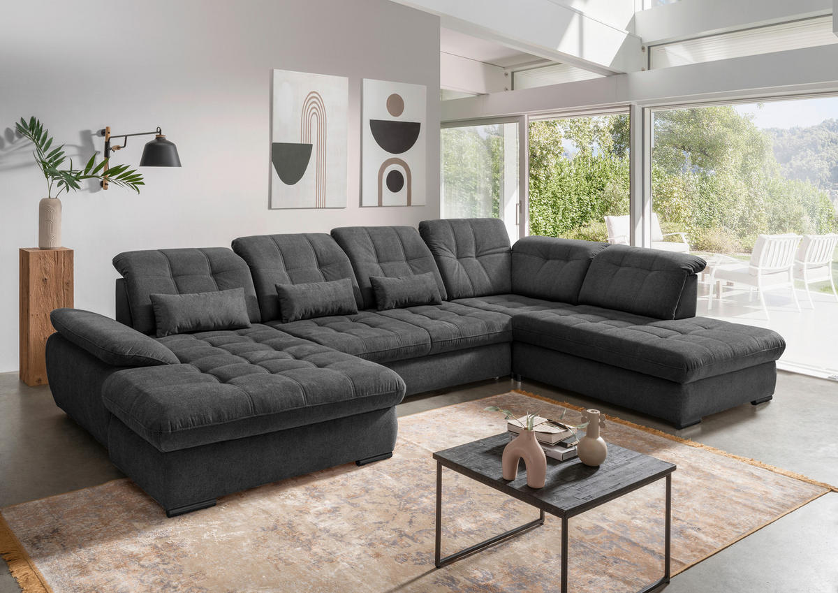 WOHNLANDSCHAFT in Chenille Anthrazit  - Anthrazit/Schwarz, Modern, Textil/Metall (184/387/252cm) - Livetastic