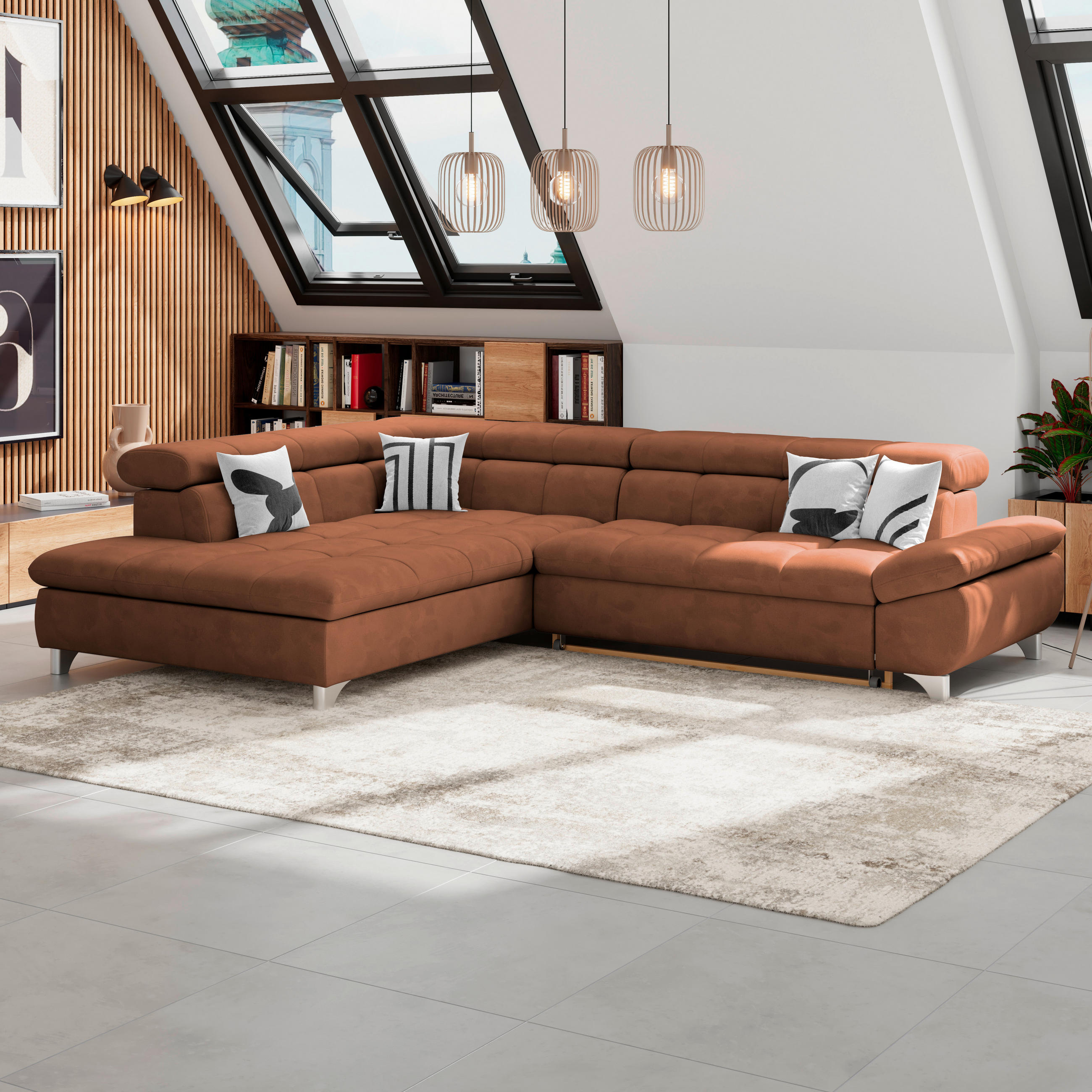 ECKSOFA Cognac Chenille  - Chromfarben/Cognac, KONVENTIONELL, Textil/Metall (234/312cm) - Livetastic