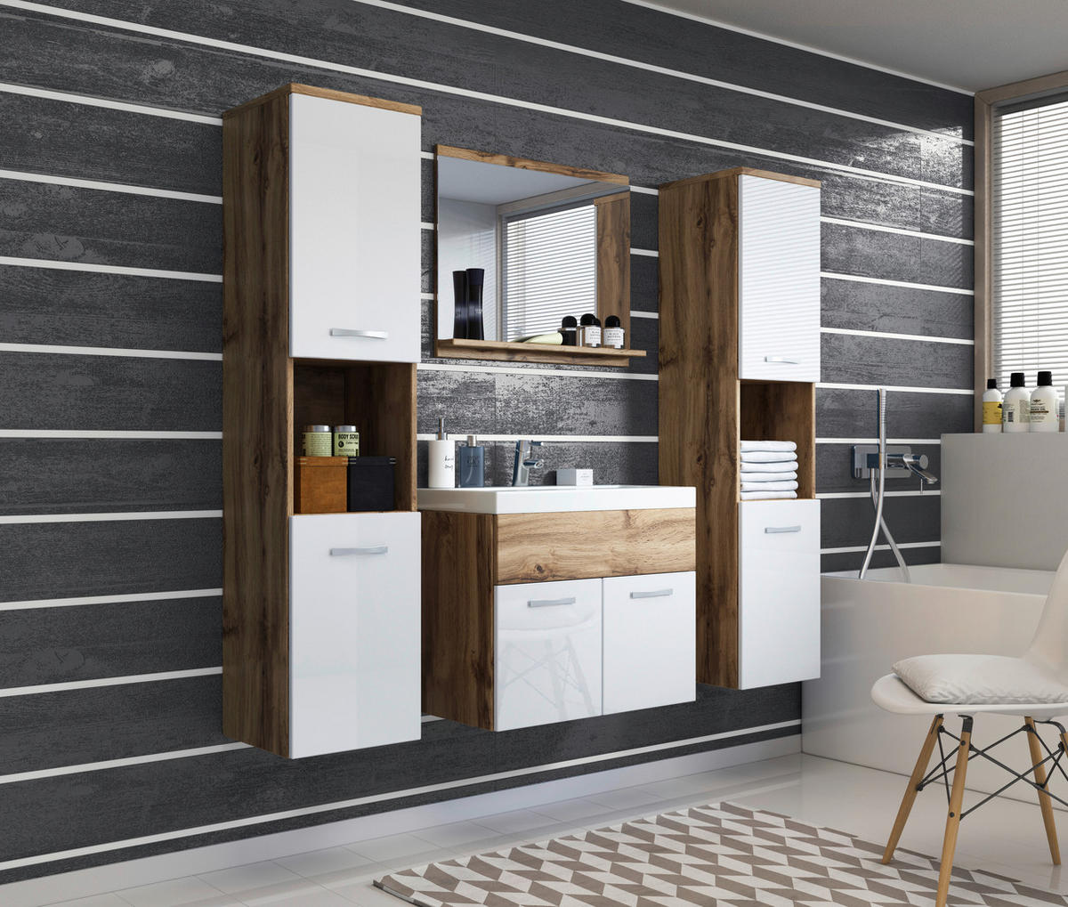 BADEZIMMER 5-teilig  in 120 cm  - Weiß Hochglanz/Eiche Wotan, LIFESTYLE, Holzwerkstoff/Metall (120cm) - P & B
