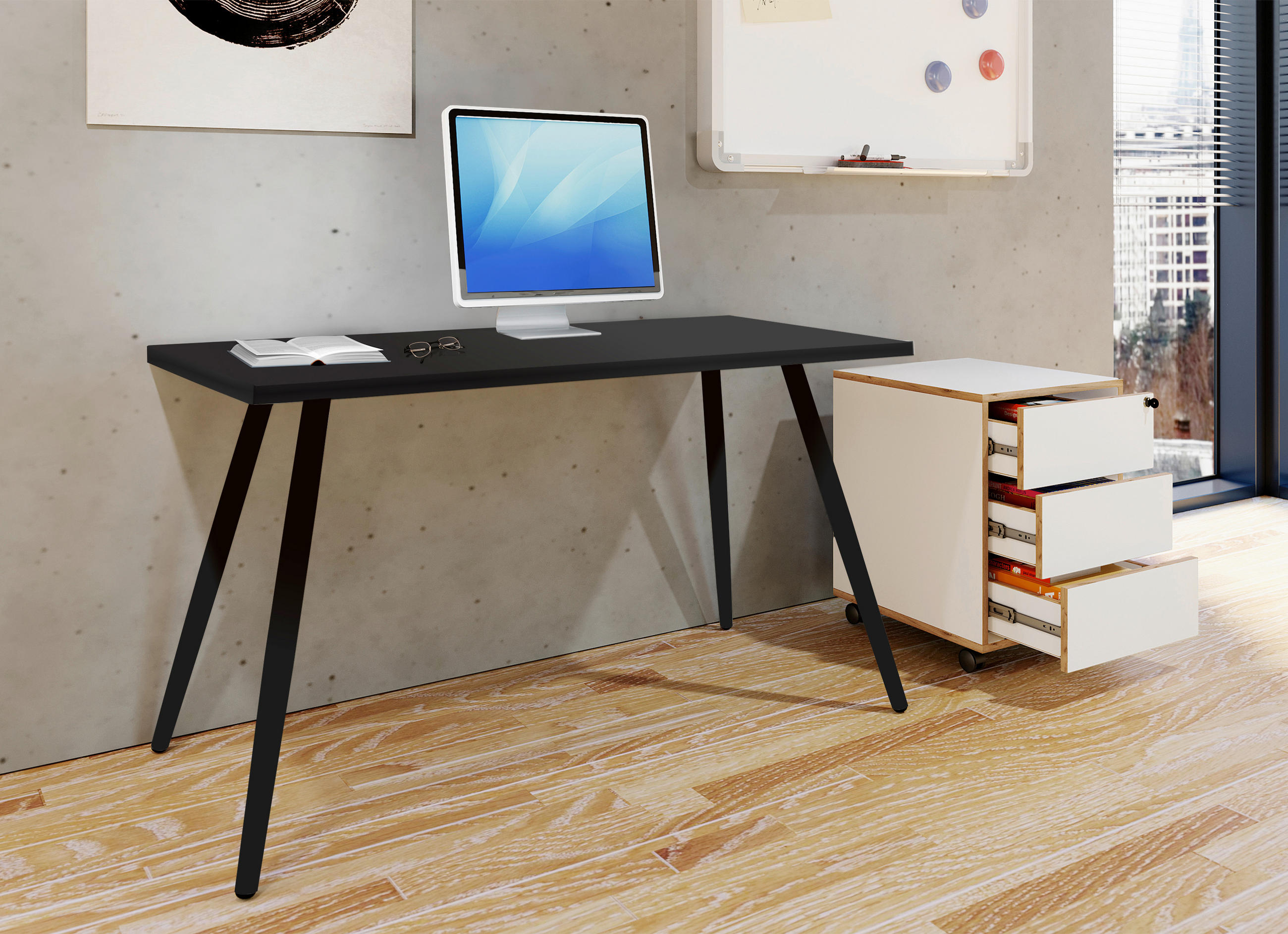 SCHREIBTISCH 110/50/70 cm  in Schwarz, Weiß  - Schwarz/Weiß, MODERN, Holzwerkstoff/Metall (110/50/70cm) - MID.YOU