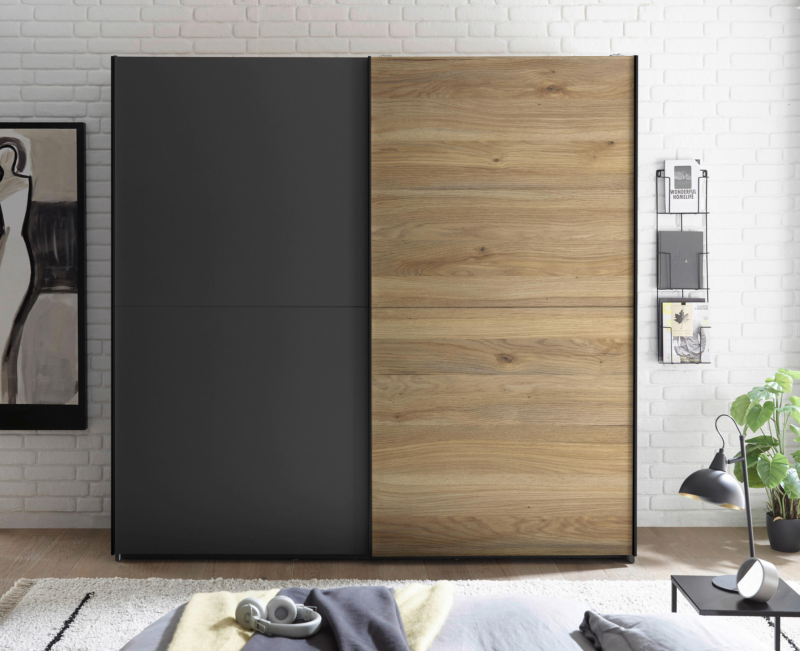 SCHWEBETÜRENSCHRANK 215/210/60 cm 2-türig Graphitfarben, Eichefarben  - Eichefarben/Schwarz, MODERN, Holzwerkstoff/Metall (215/210/60cm) - Boxxx