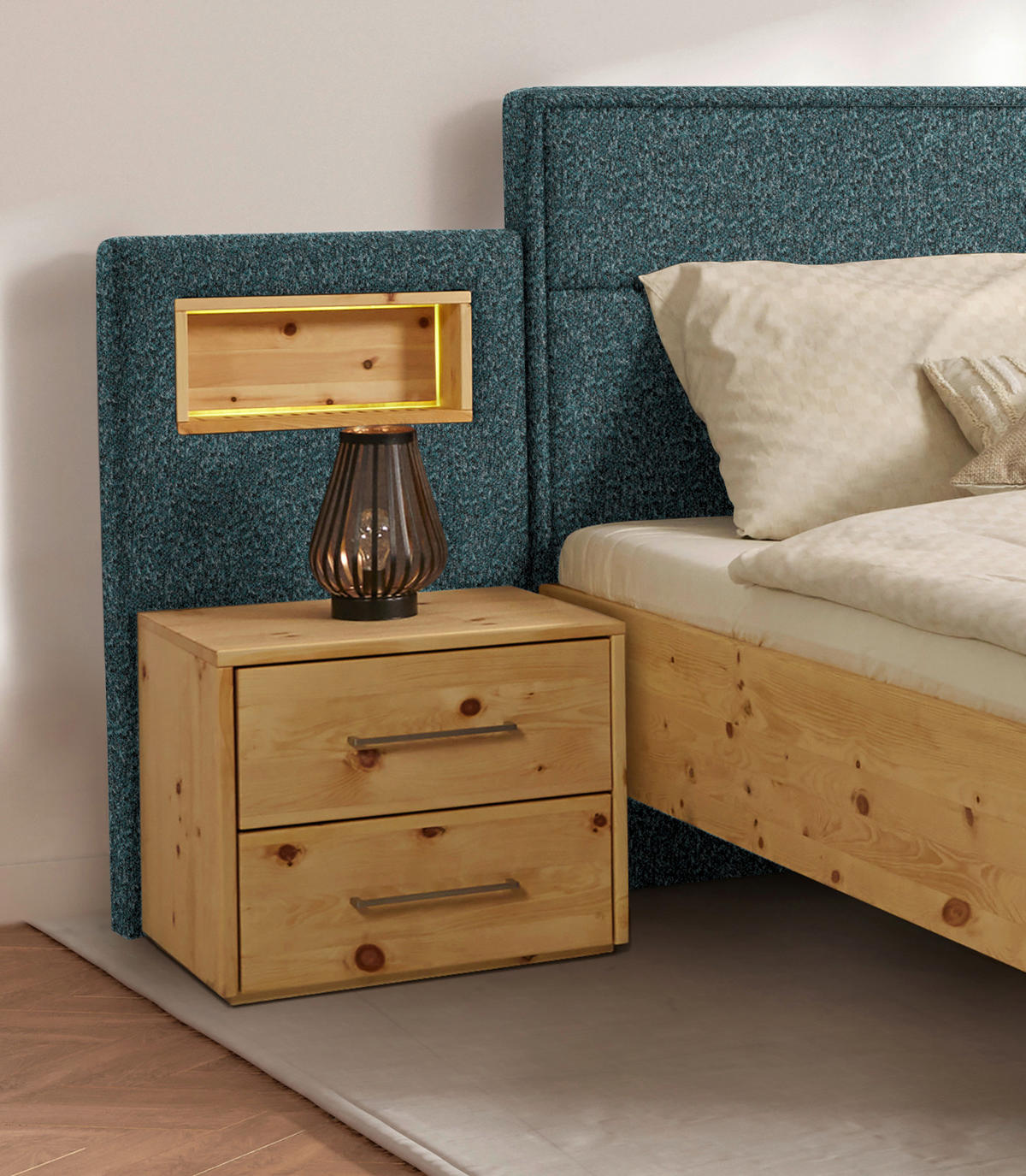 BETT 200/200 cm  in Zirbelkieferfarben, Petrol  - Zirbelkieferfarben/Petrol, Natur, Holz/Textil (200/200cm) - Valnatura