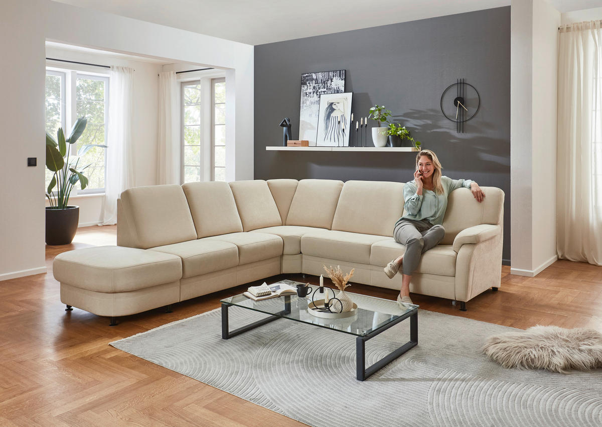 ECKSOFA in Flachgewebe Beige  - Beige/Schwarz, Konventionell, Textil/Metall (287/269cm) - Beldomo System