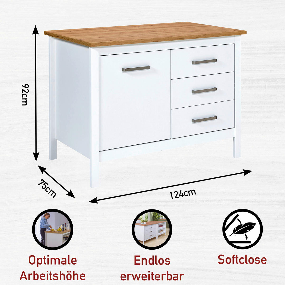 KÜCHENINSEL   in Weiß, Eiche Artisan  - Silberfarben/Weiß, MODERN, Holzwerkstoff/Metall (124/91/75cm) - home24