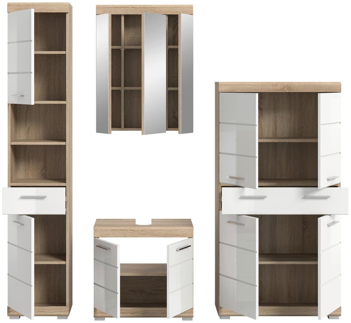 BADEZIMMER 4-teilig  in 171 cm  - Weiß Hochglanz/Silberfarben, MODERN, Glas/Holzwerkstoff (171cm) - MID.YOU