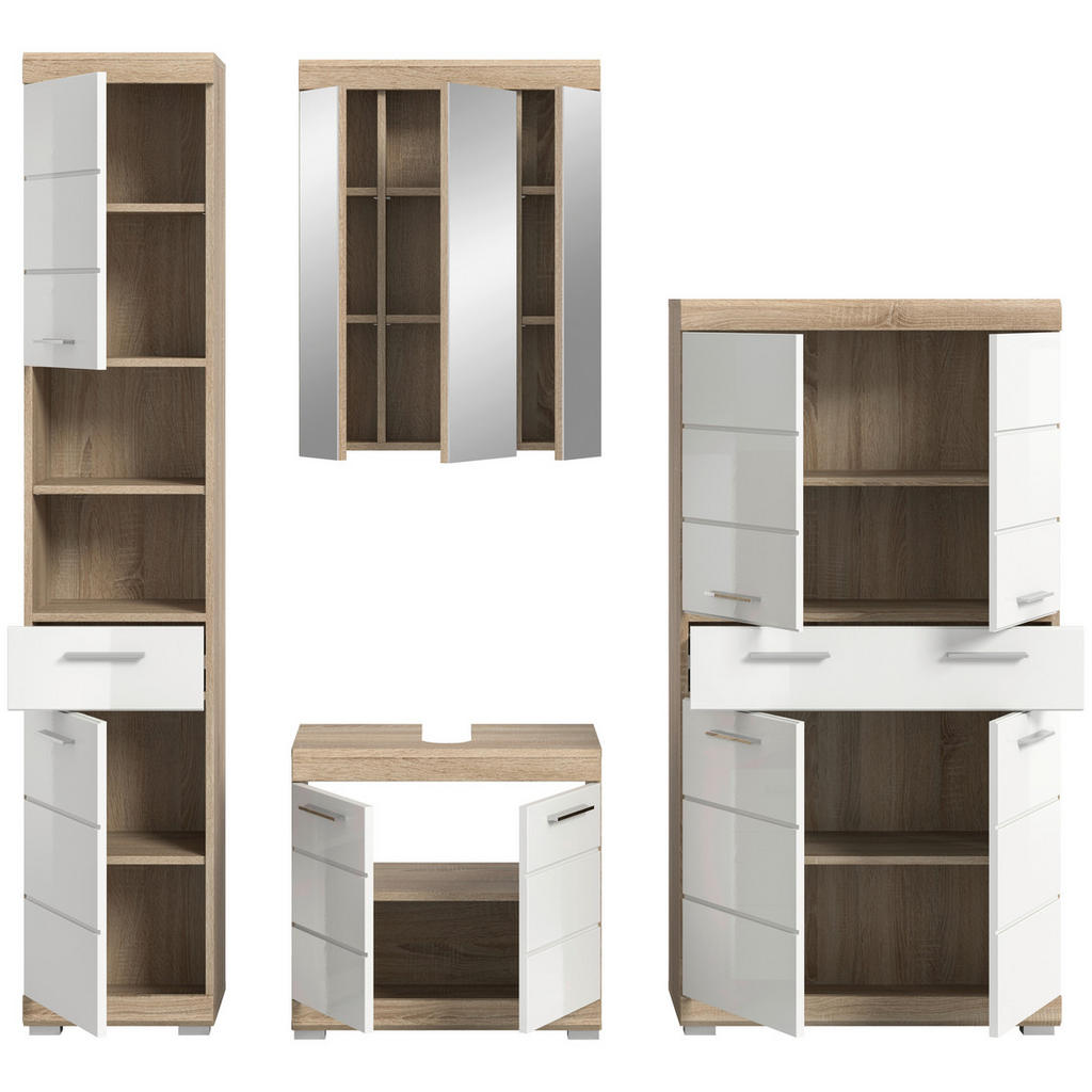 Thumbnail - Mid.you Badezimmer, Sonoma Eiche, Weiß Hochglanz, Kunststoff, 4-teilig, 12 Fächer, 1 Schubladen, 171 cm, FSC Mix, stehen...