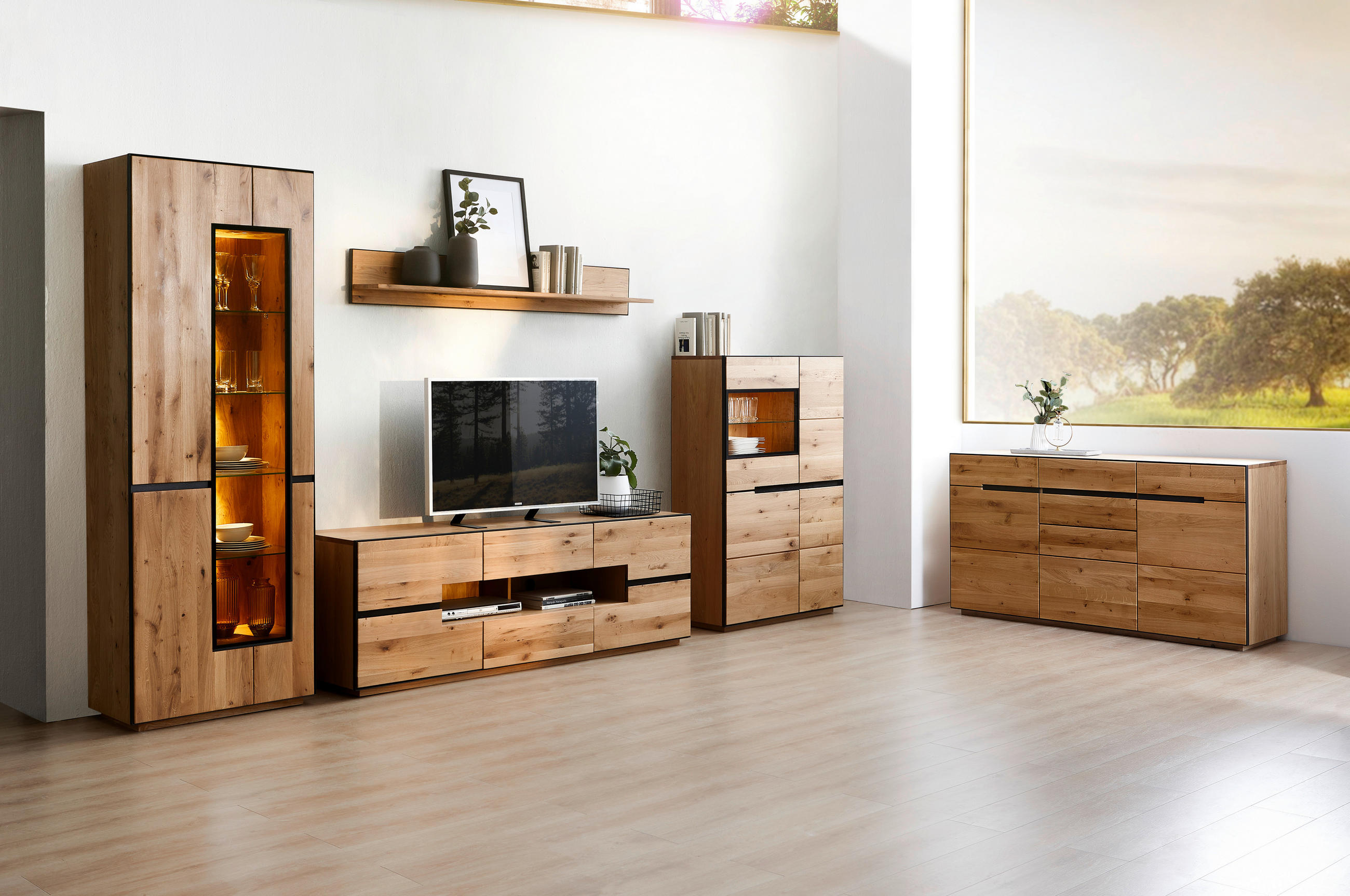 HIGHBOARD Eiche furniert, massiv Anthrazit, Eichefarben - Eichefarben/Anthrazit, Natur, Glas/Holz (89/136/38cm) - Linea Natura